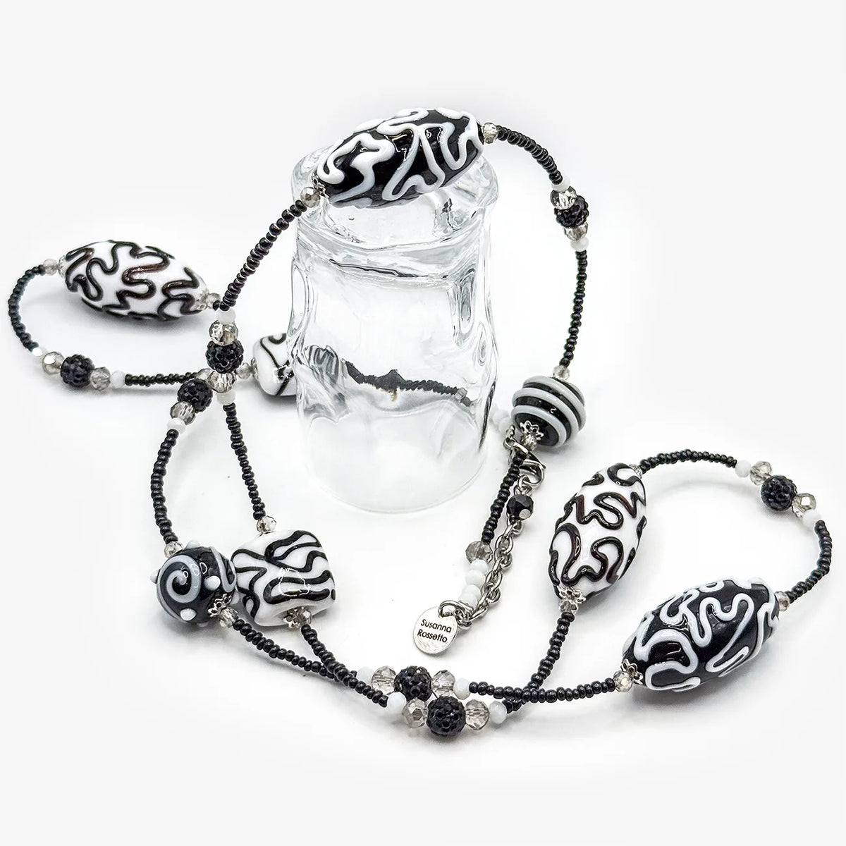 Long Black & White Beaded Necklace