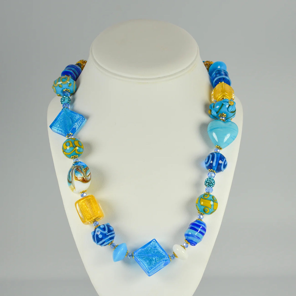 Colorful Murano glass necklace with vibrant beads, made in Italy, by My Italian Decor, showcasing intricate craftsmanship and elegant design.