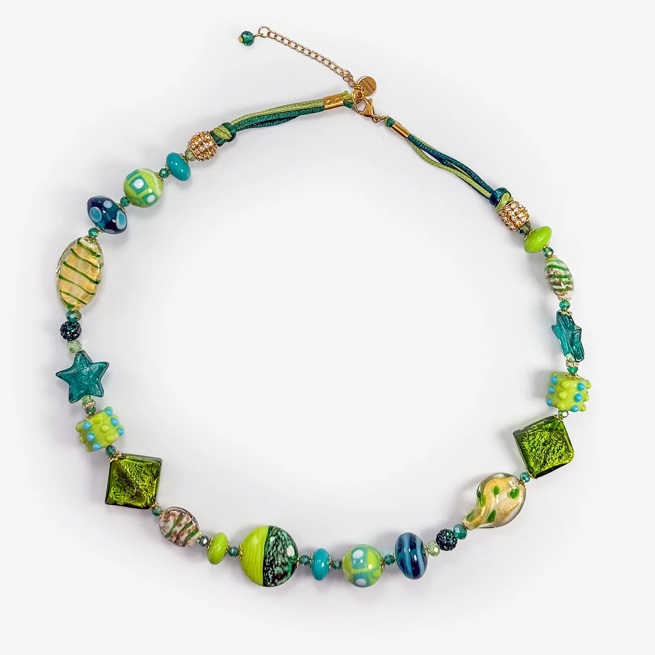 Colorful Luna Murano glass necklace by Crazy 4 Glass featuring vibrant beads, Italian craftsmanship, and elegant jewelry design.