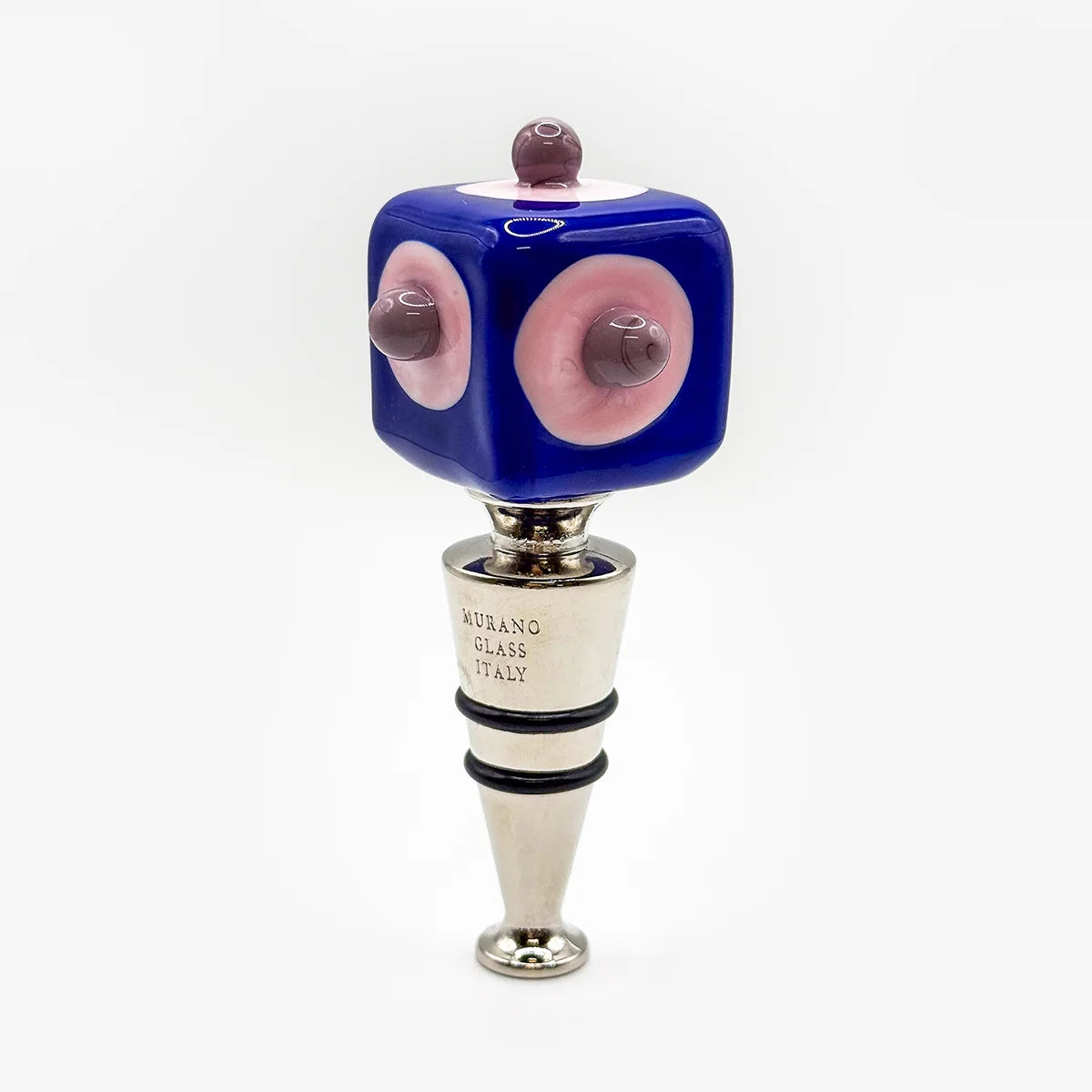 Two red glass wine bottle stoppers with silver metal bodies, one featuring a white circle with purple details and the other with green circles and purple dots, set against a plain white background.
