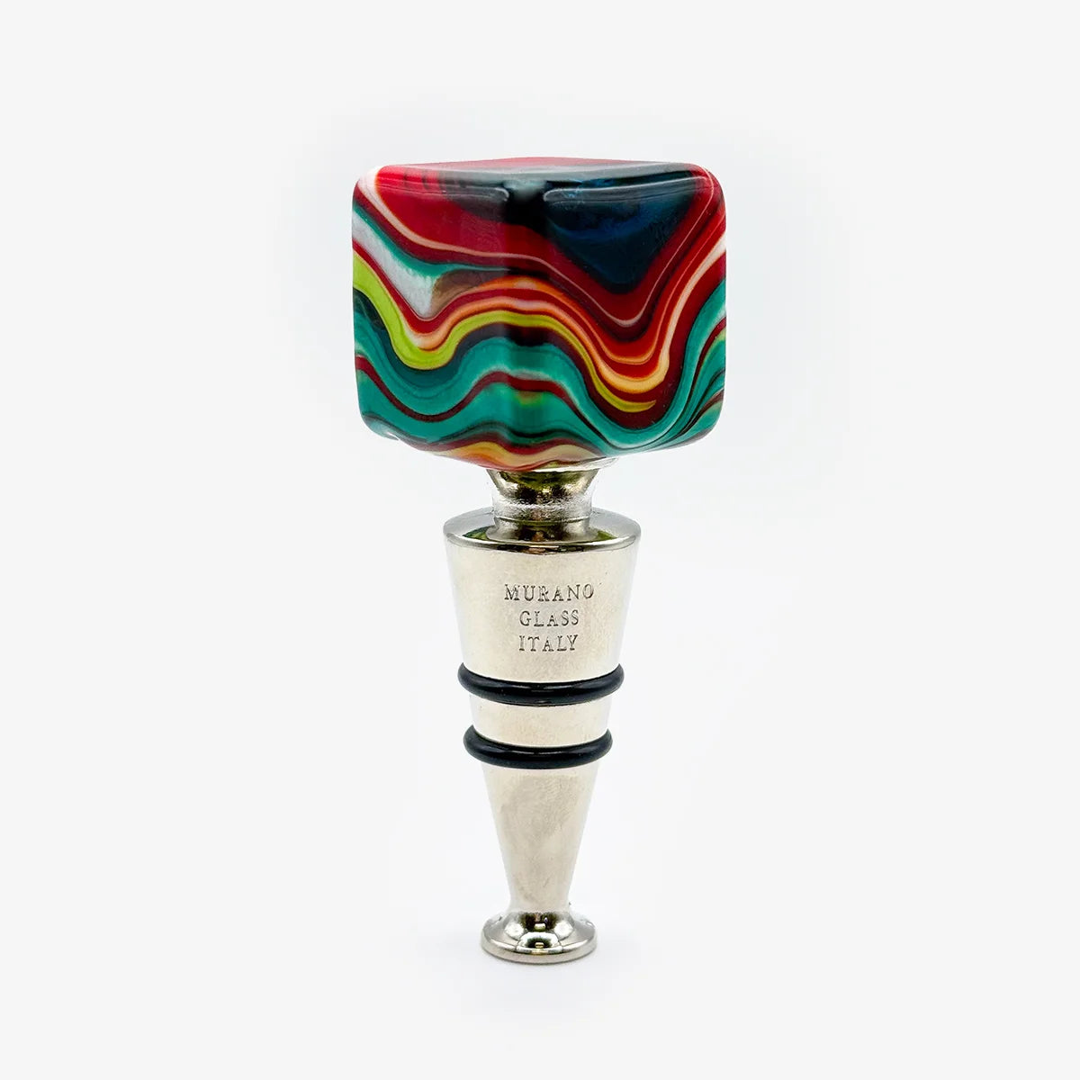 A Murano glass wine bottle stopper with a colorful, swirled artisanal top and a polished silver metal base engraved with 'MURANO GLASS ITALY'.