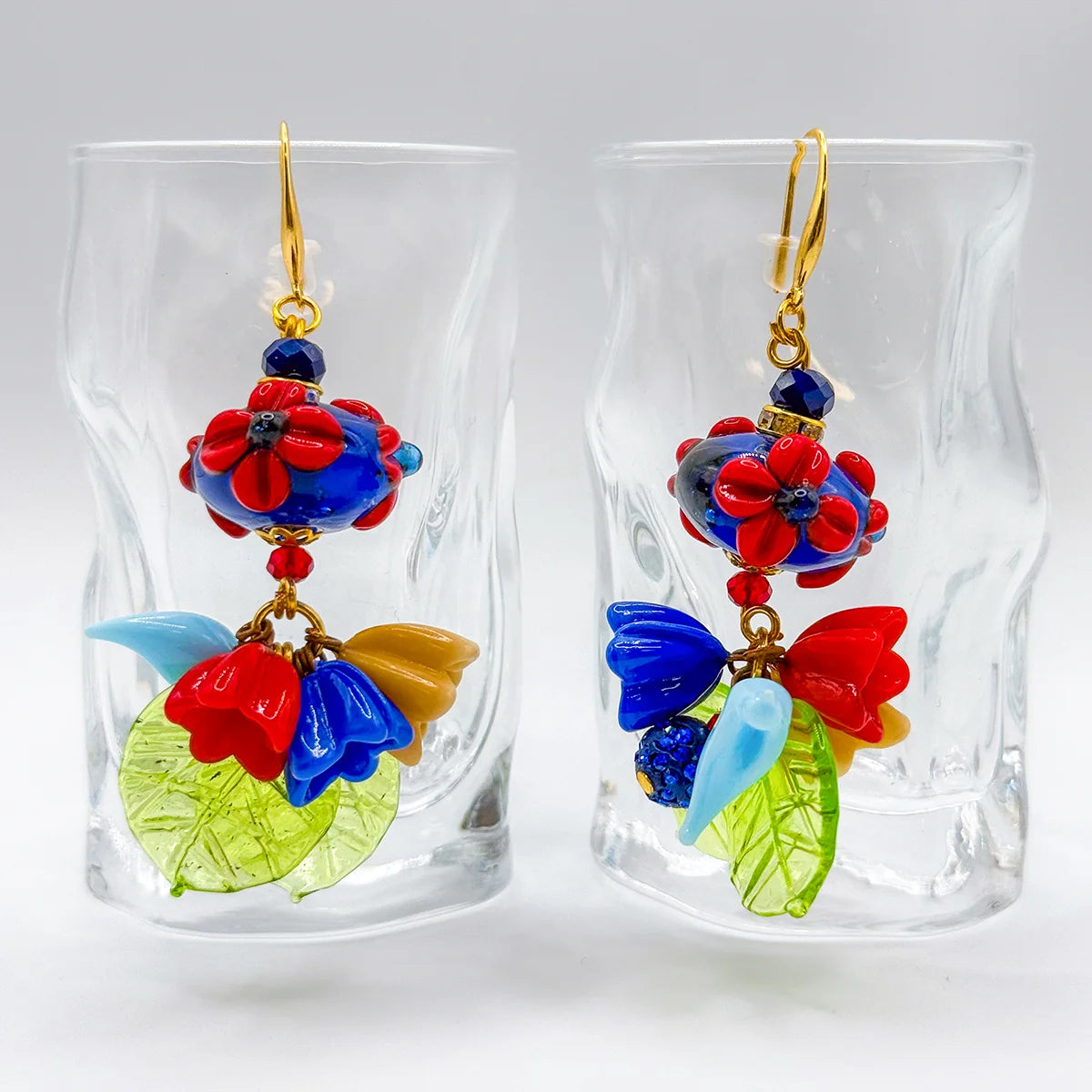 Large Bead Earrings & Bracelet, Red & Blue, Handcrafted in Italy
