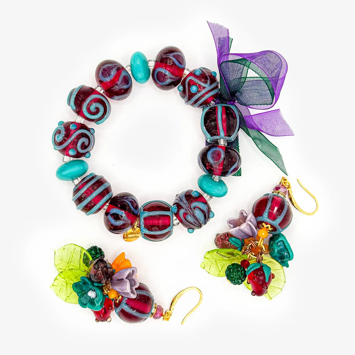 Large Bead Earrings & Bracelet, Violet & Aqua, Handcrafted in Italy