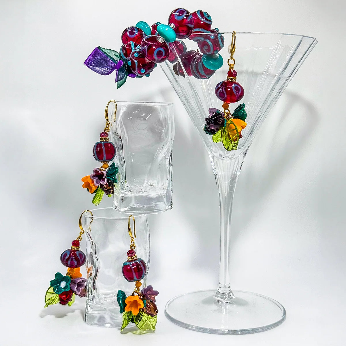 Large Bead Earrings & Bracelet, Violet & Aqua, Handcrafted in Italy