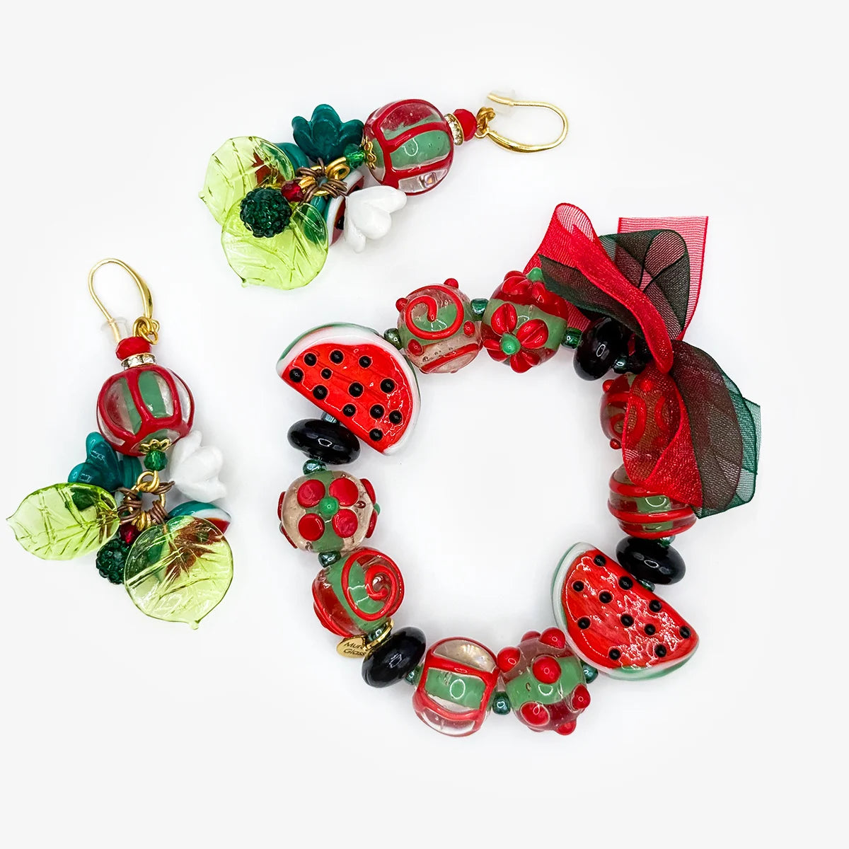 Large Bead Bracelet & Earrings, Watermelon, Handcrafted in Italy