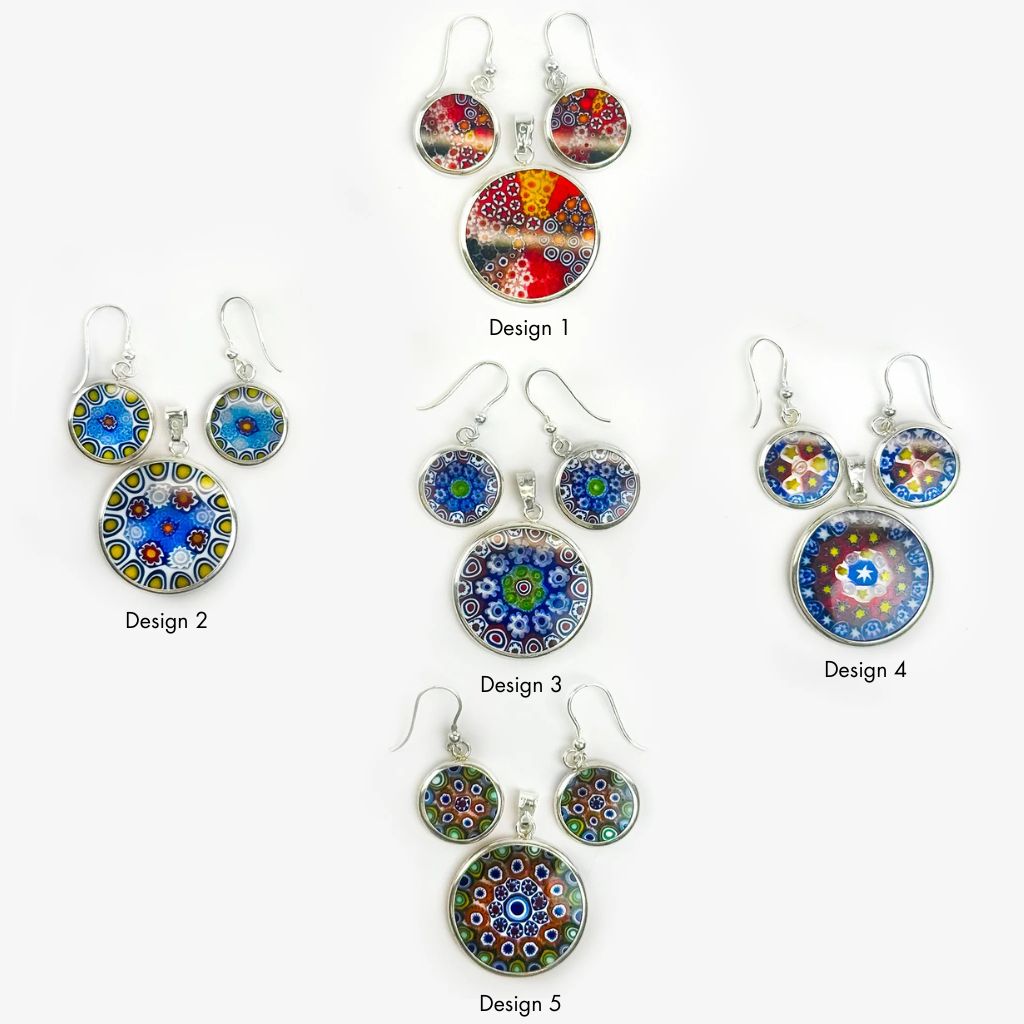 Elegant Millefiori jewelry pendant and earring set by My Italian Decor featuring colorful glasswork and intricate floral designs.
