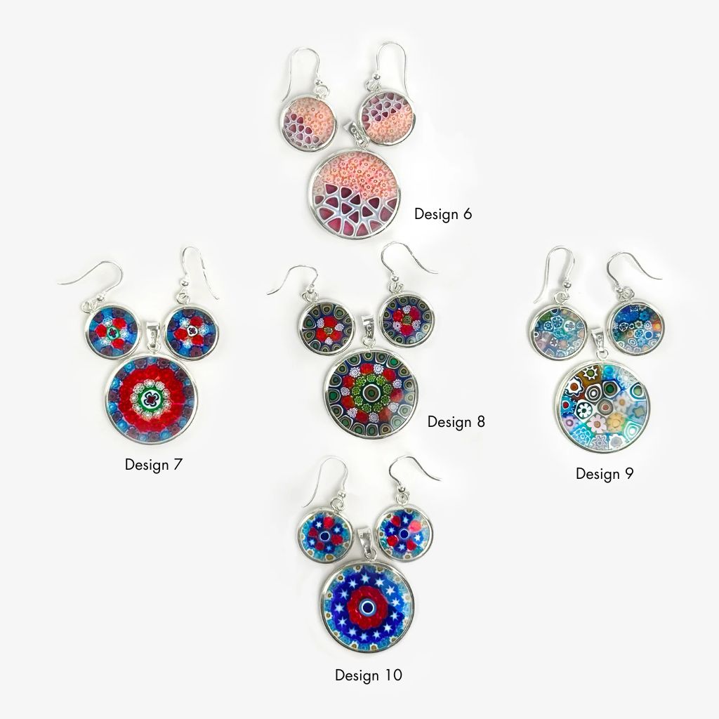 Millefiori jewelry set with pendant and matching earrings featuring colorful glass bead designs, crafted by My Italian Decor.