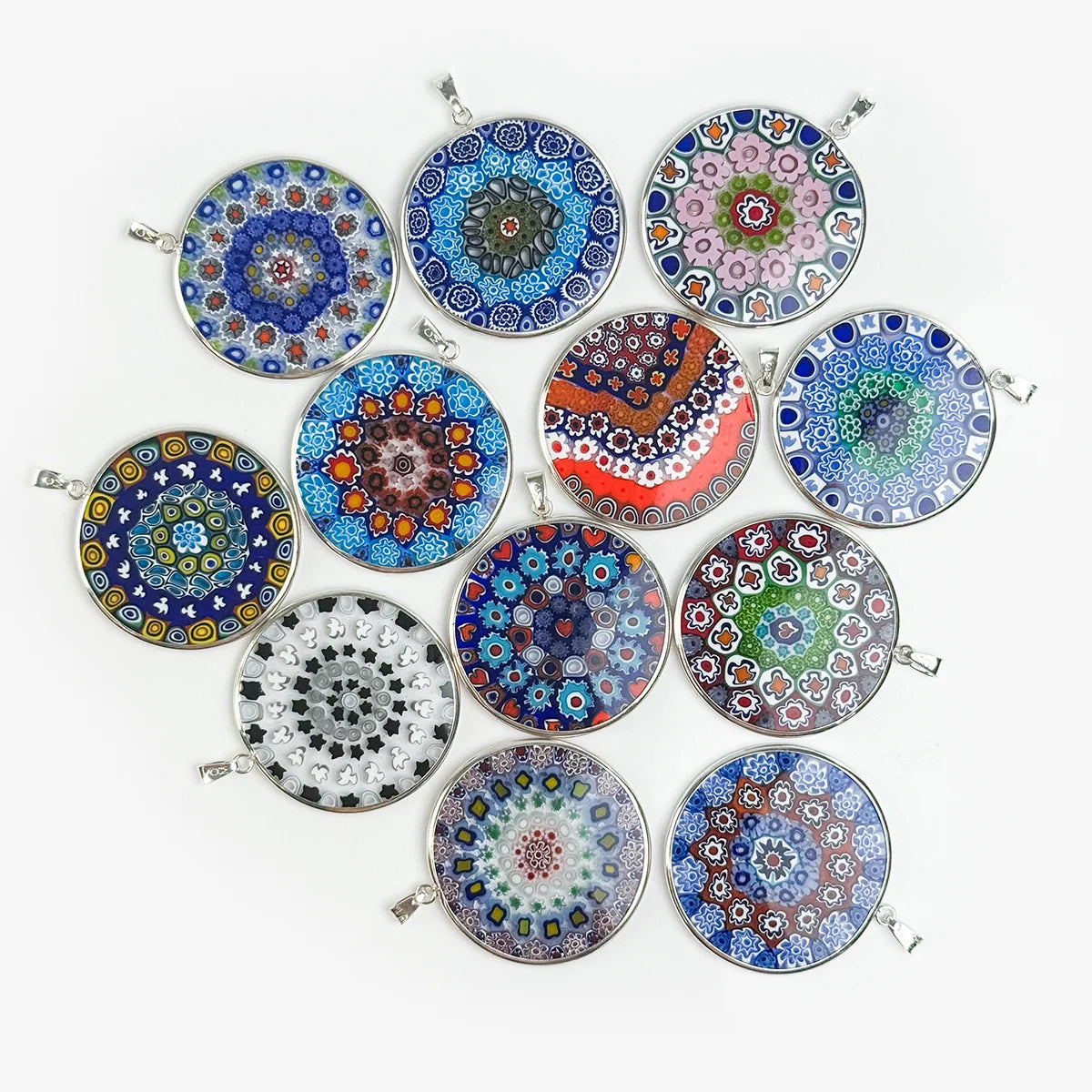 Large Millefiori disc pendant from My Italian Decor featuring colorful, handcrafted glass charms and intricate floral patterns.