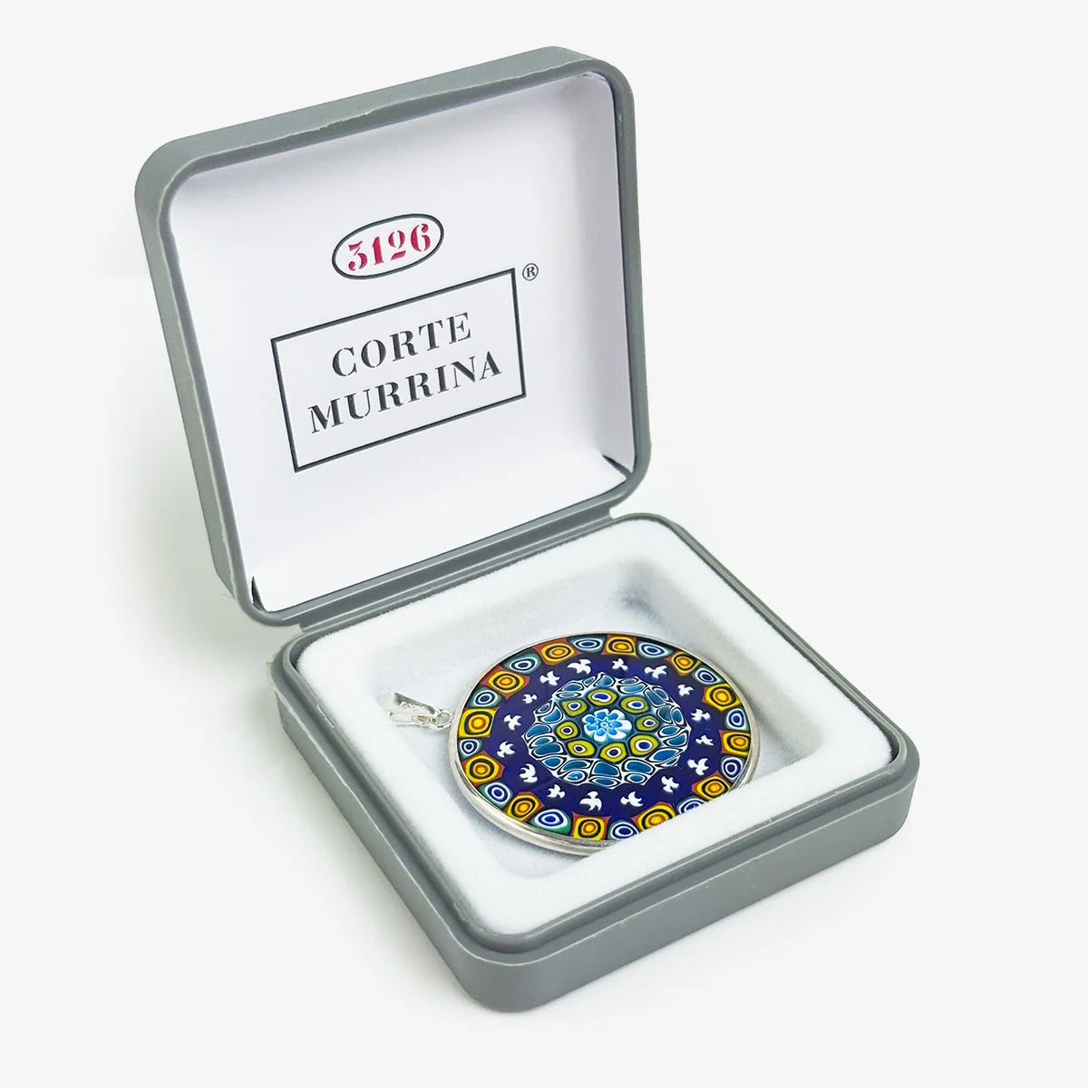 Large Millefiori disc pendant from My Italian Decor, showcasing vibrant colorful glass charm with intricate floral patterns.
