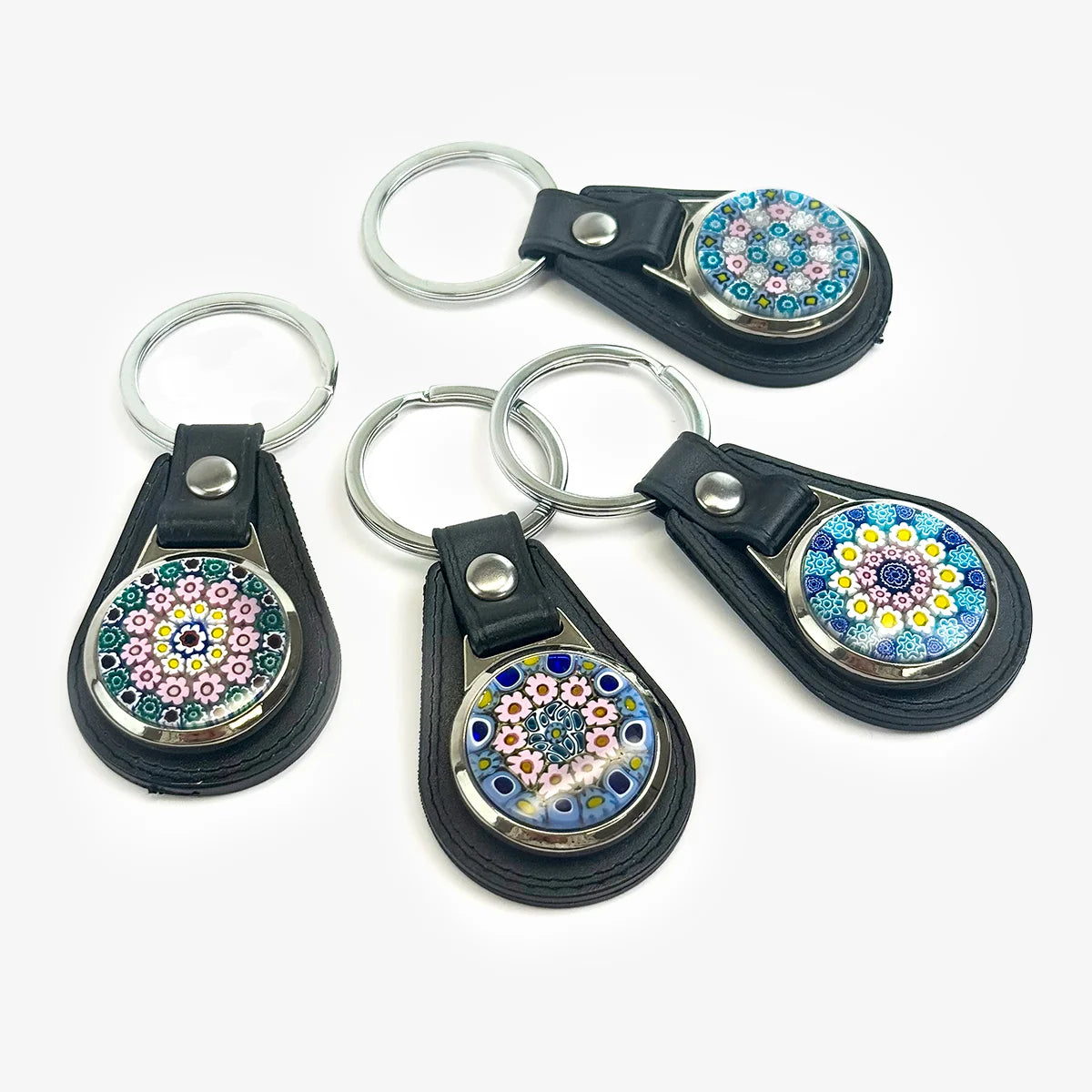 Leather key ring with colorful Millefiori glass disc, stylish accessory by My Italian Decor featuring handcrafted Italian design.