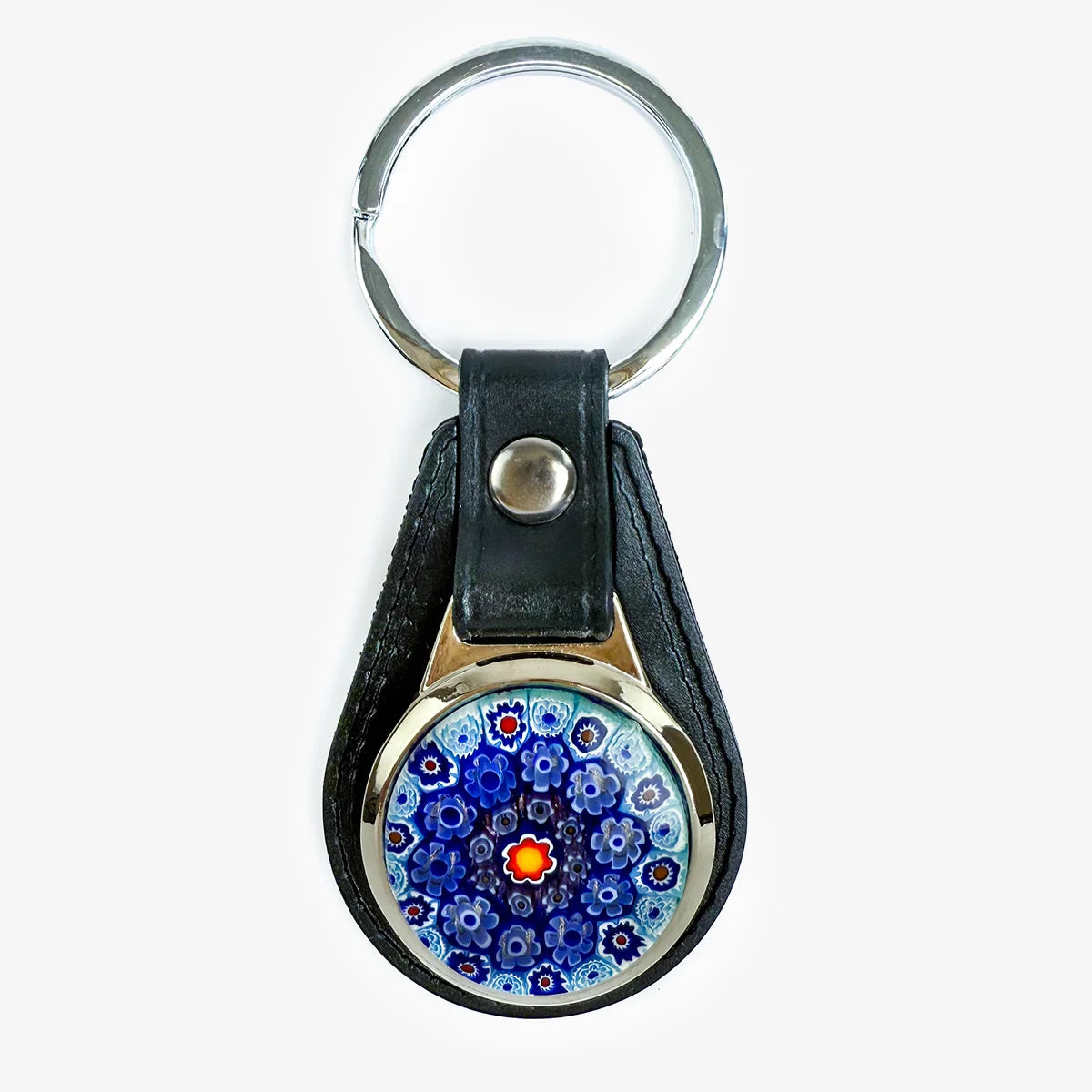 Leather keychain with colorful Millefiori glass disc from My Italian Decor, featuring a stylish and functional keyring design.