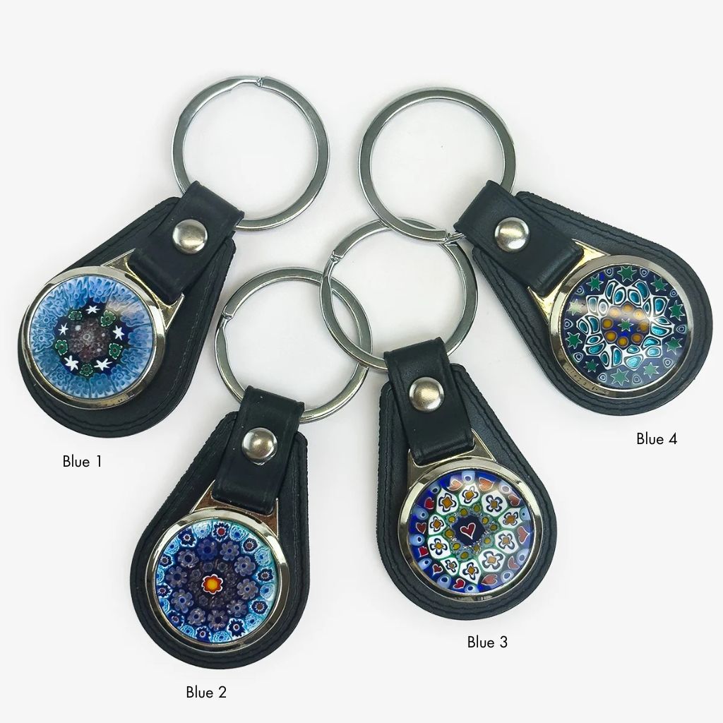 Leather keychain with colorful Millefiori glass disc from My Italian Decor, featuring a durable leather loop and decorative glass accent.