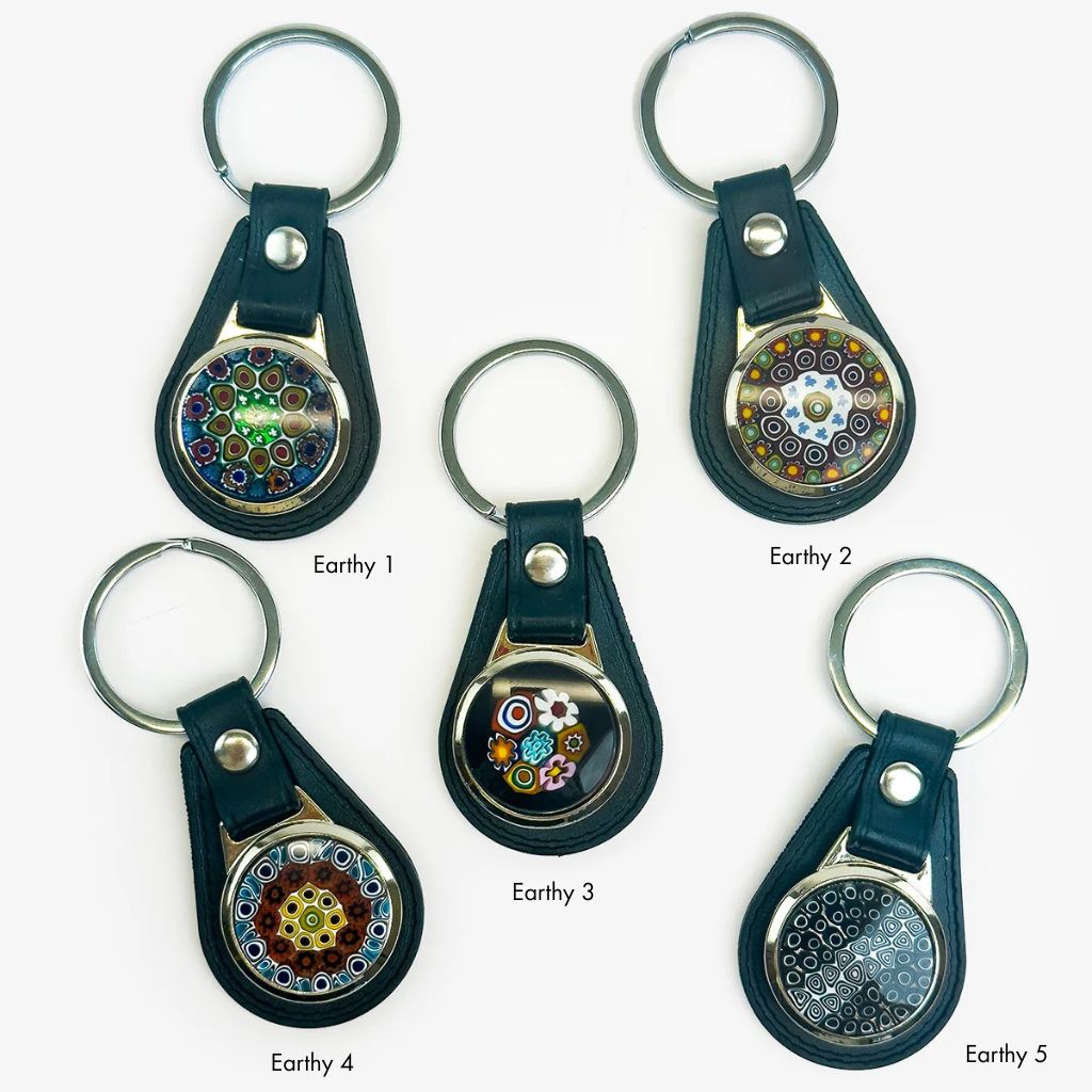 Leather keychain with colorful Millefiori glass disc by My Italian Decor, featuring a durable leather strap and decorative floral design.