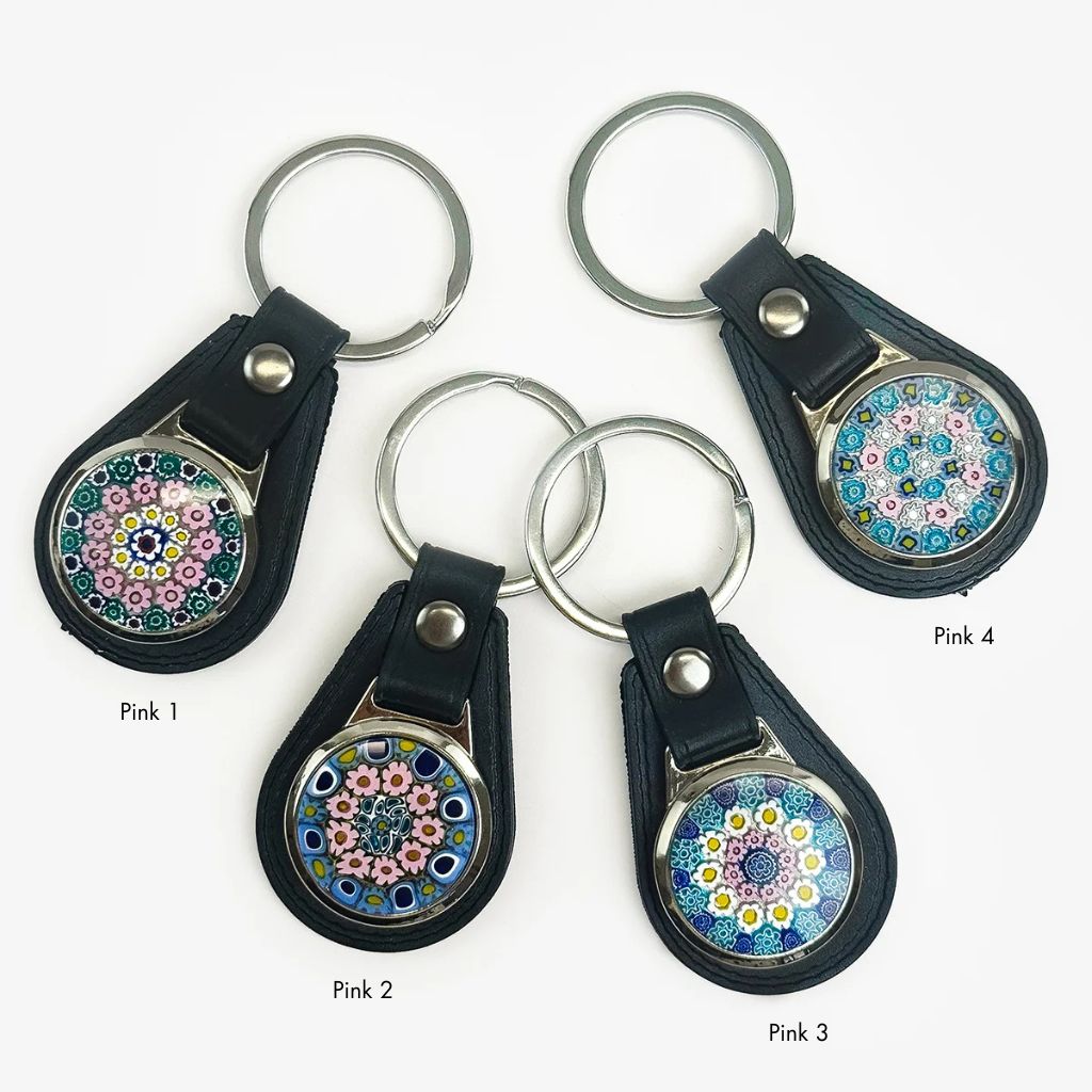 Leather keychain with colorful Millefiori disc from My Italian Decor, featuring a stylish and handcrafted design.
