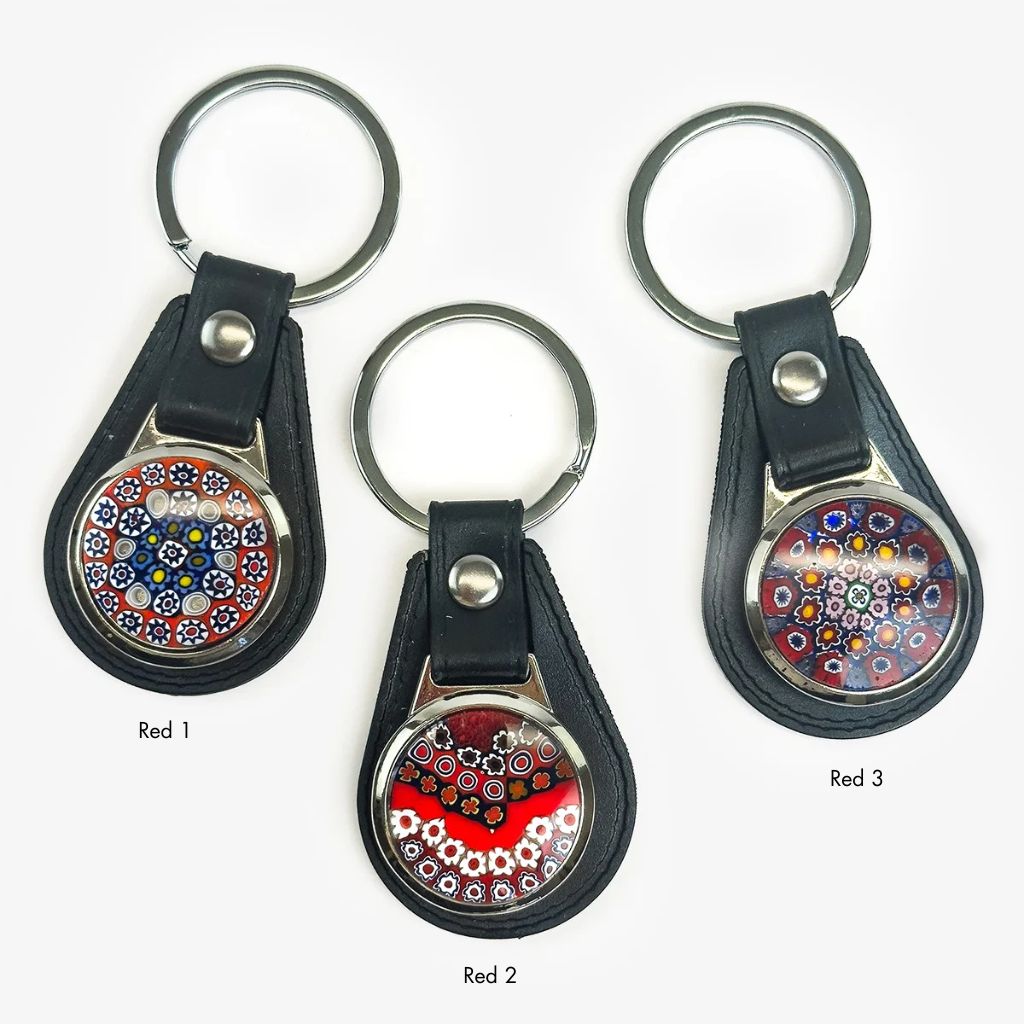 Leather keychain with colorful Millefiori disc by My Italian Decor, featuring a stylish leather strap and vibrant glass bead design.