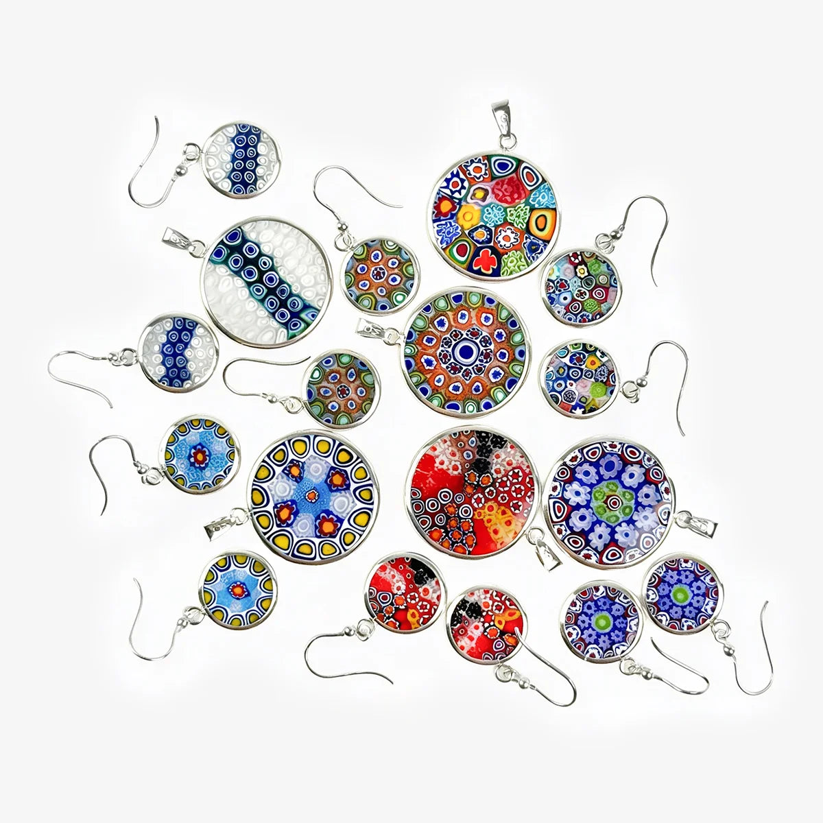 Elegant Millefiori pendant and earring jewelry set by My Italian Decor featuring colorful floral glass designs.
