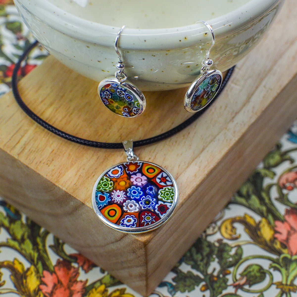 Millefiori Pendant & Earring Set, Murano Glass