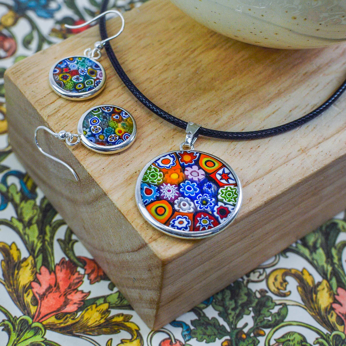 Millefiori Pendant & Earring Set, Murano Glass