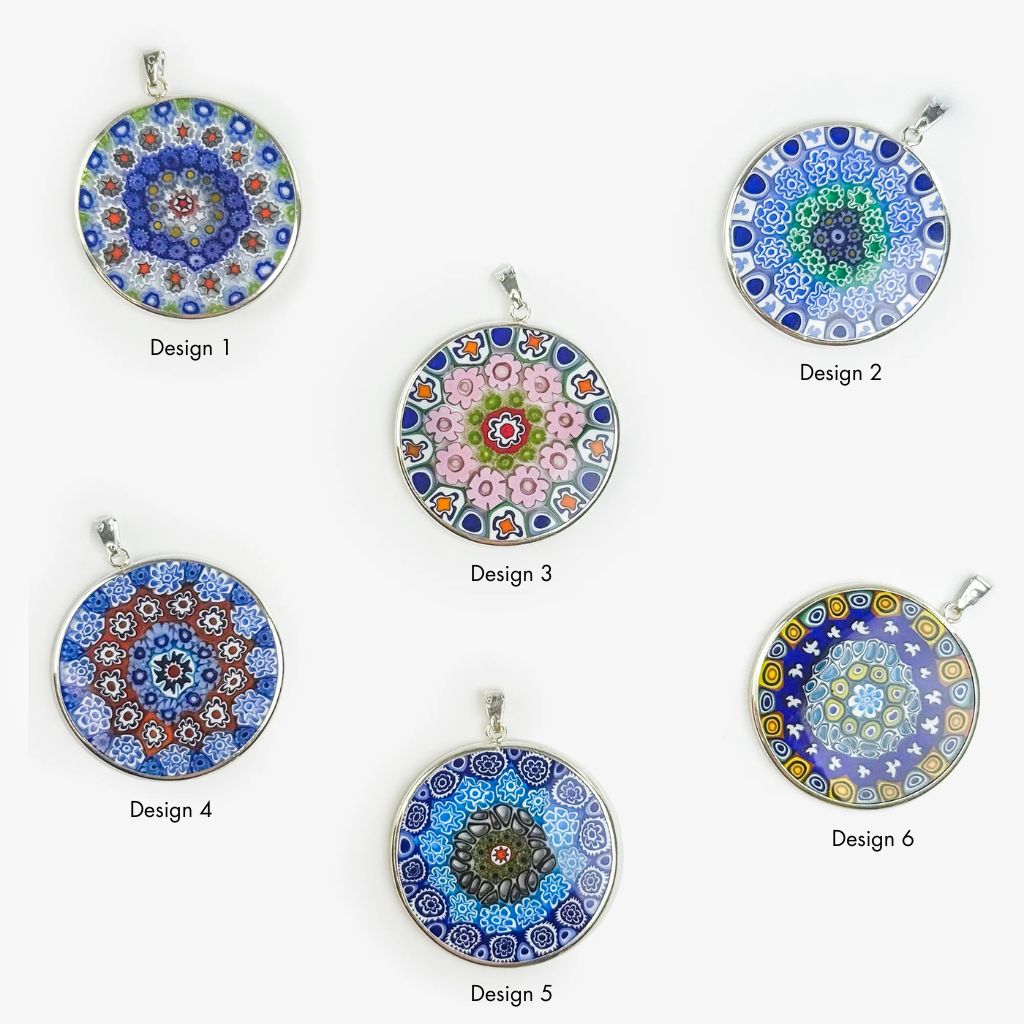 Large Millefiori disc pendant from My Italian Decor, showcasing colorful floral glass charm with intricate design.