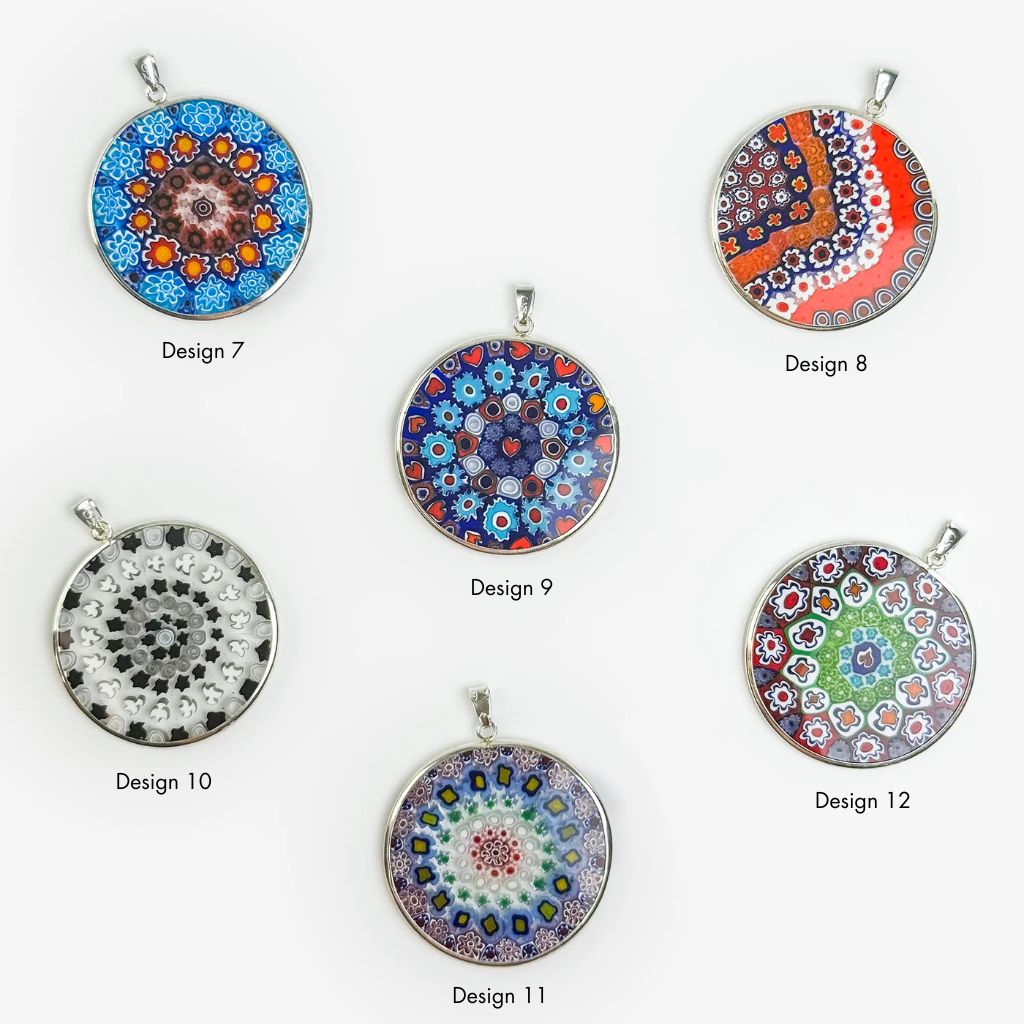 Large Millefiori Disc Pendant from My Italian Decor featuring colorful glass charms with intricate floral patterns.