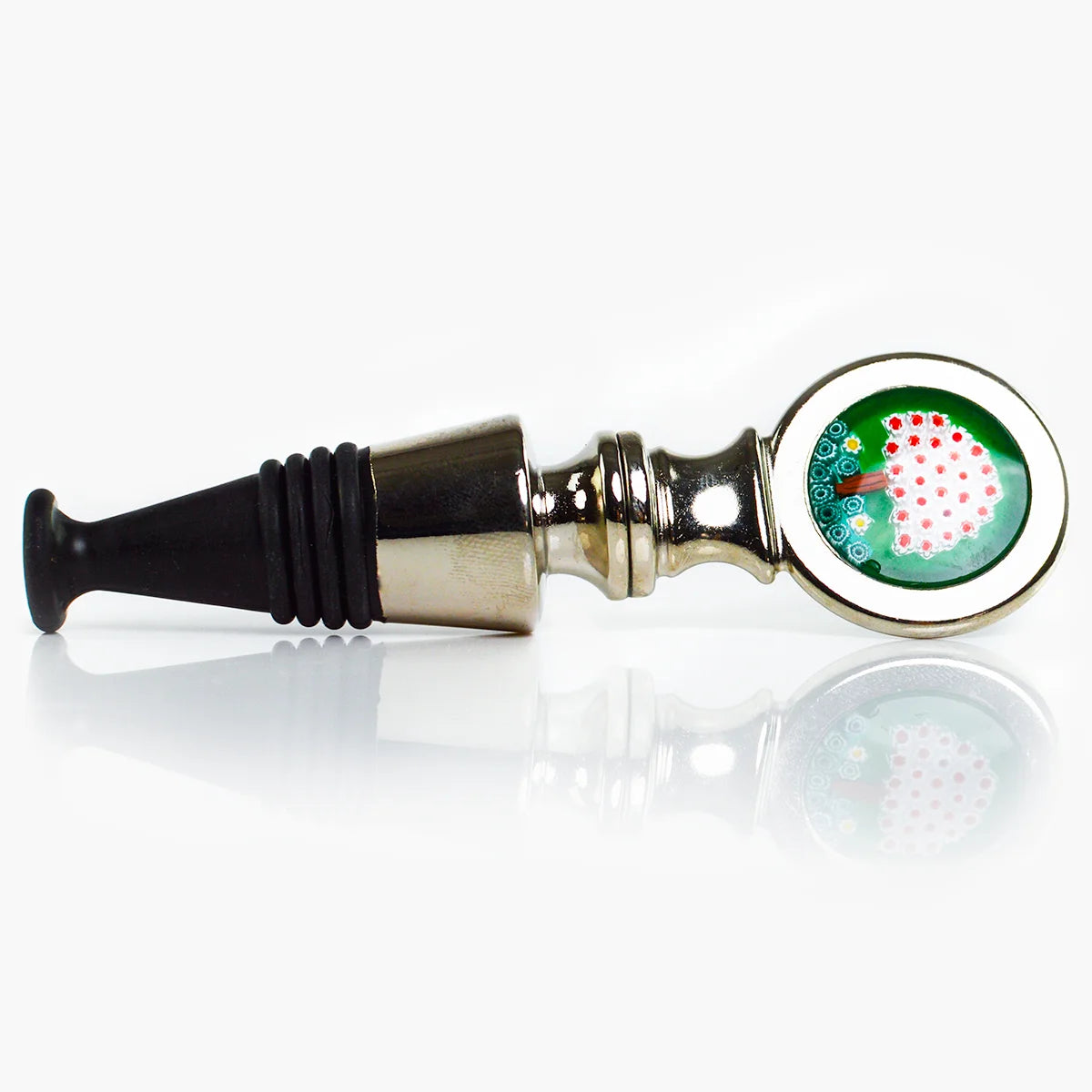 Millefiori metal wine stopper from My Italian Decor, made in Italy, with decorative colorful glass design for sealing wine bottles.
