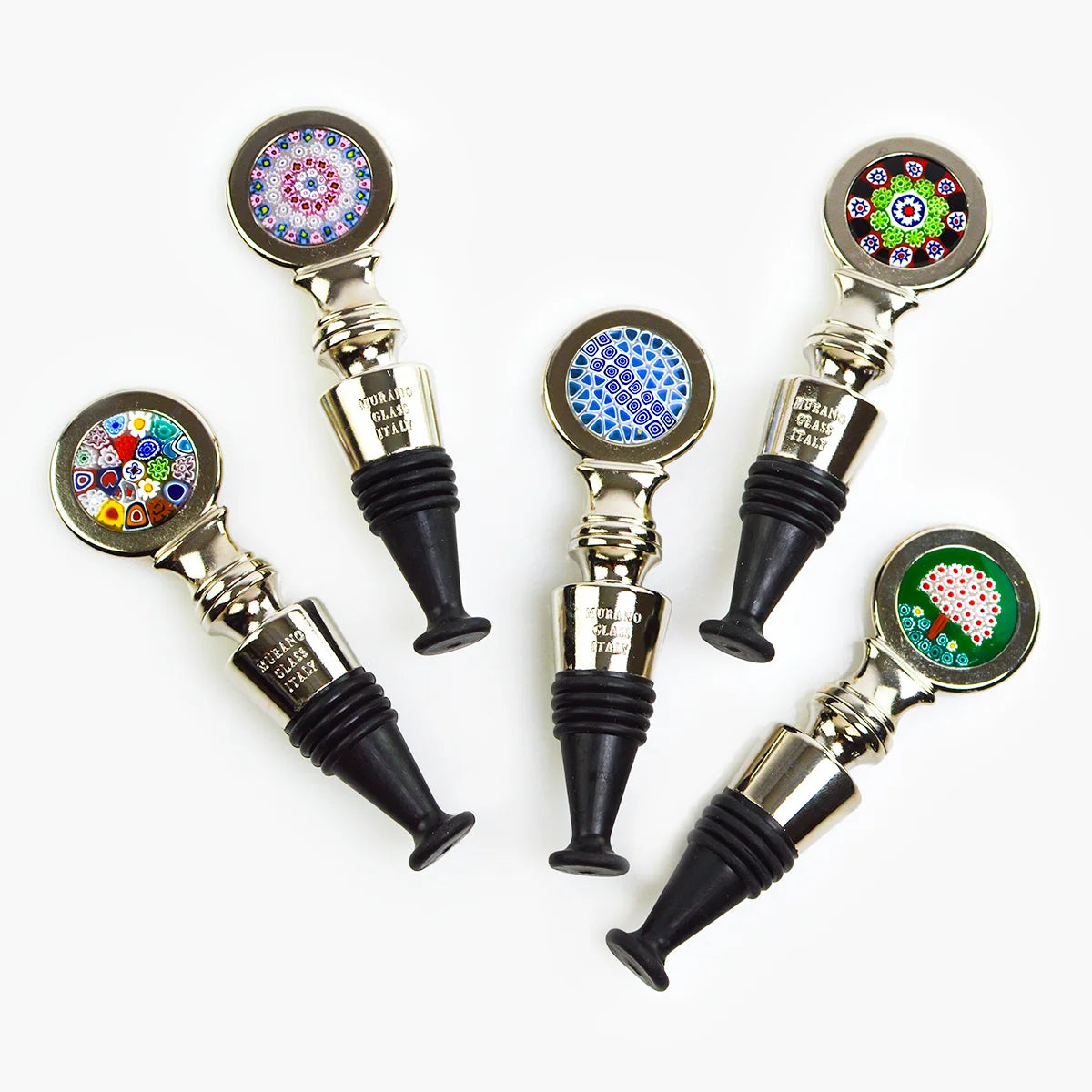 Millefiori metal wine stopper by My Italian Decor, made in Italy, with colorful glass mosaic design to seal wine bottles.