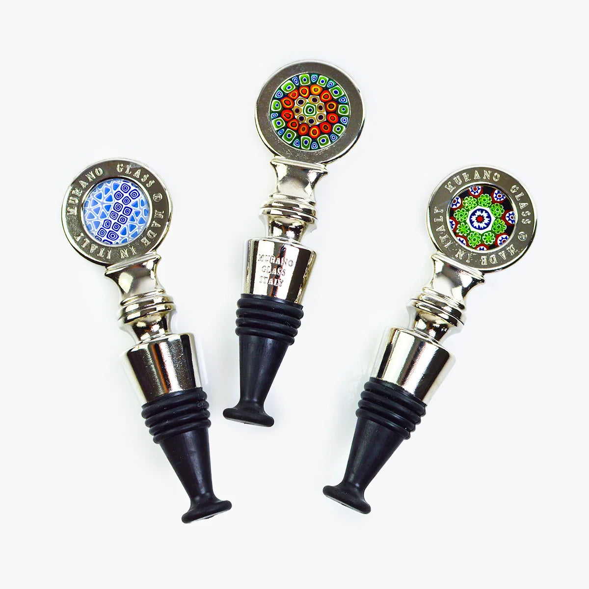 Italian-made Millefiori metal wine stopper from My Italian Decor, featuring colorful glass design to preserve wine bottles.