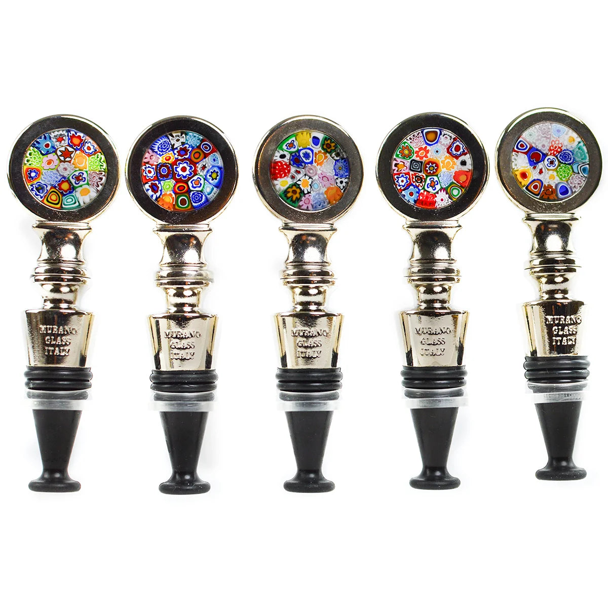 Elegant Millefiori metal wine stopper by My Italian Decor, made in Italy, featuring colorful glass design for sealing wine bottles.