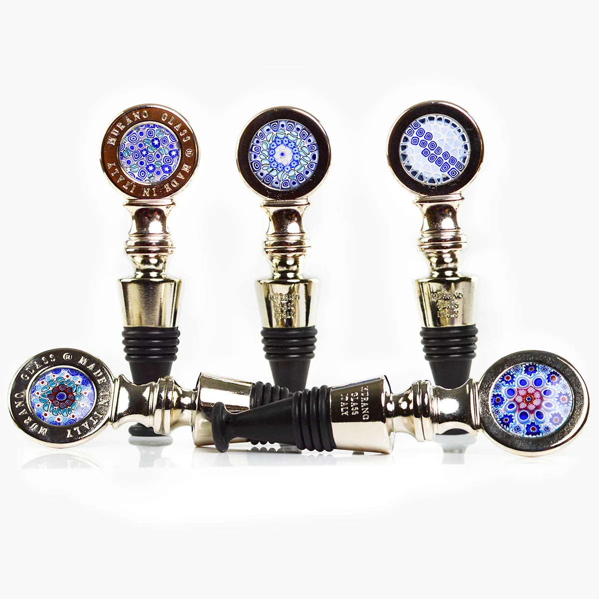 Metal Millefiori wine stopper by My Italian Decor, made in Italy, with colorful glass design and stainless steel top for sealing bottles.