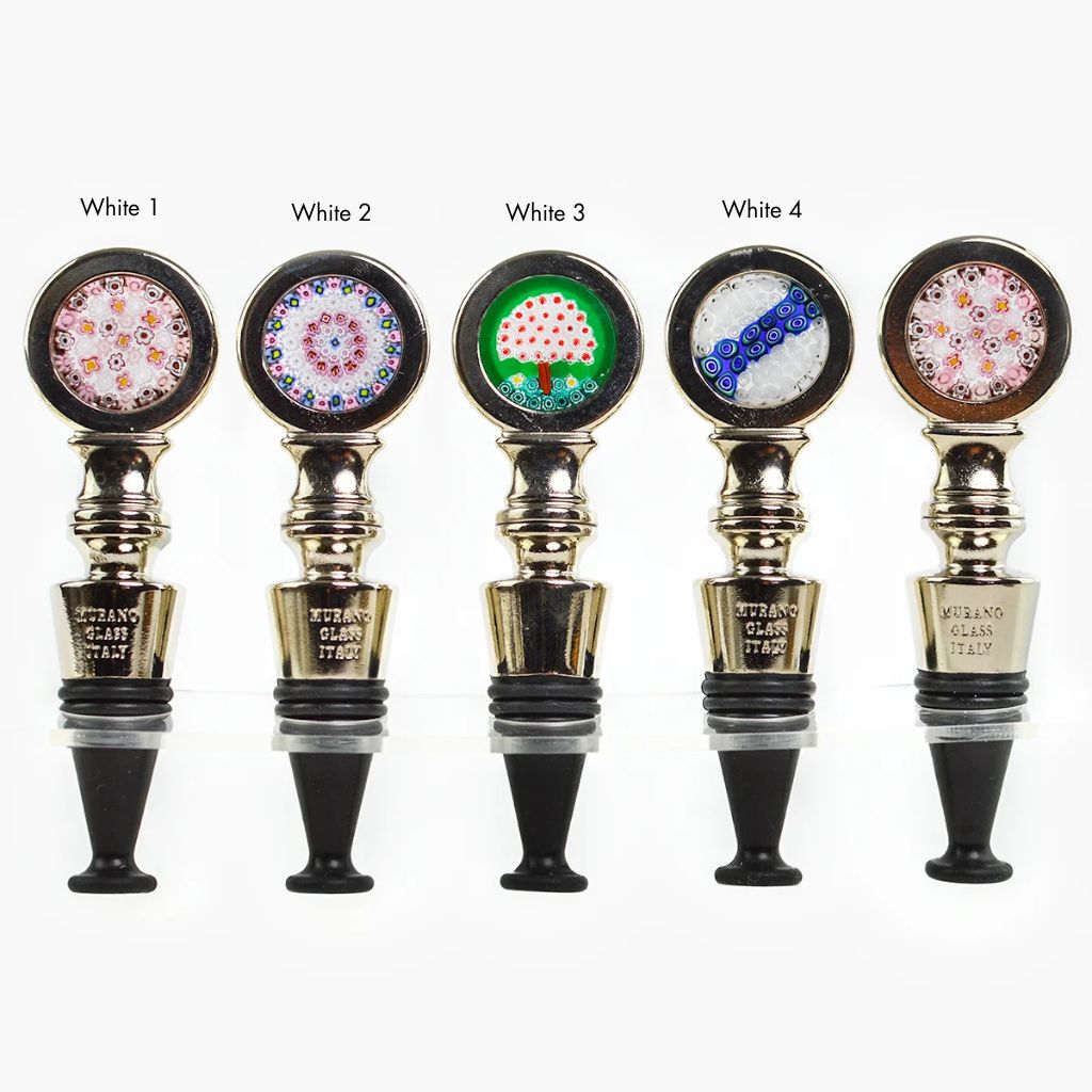 Metal Millefiori wine stopper by My Italian Decor, made in Italy, featuring colorful glass designs for sealing wine bottles.