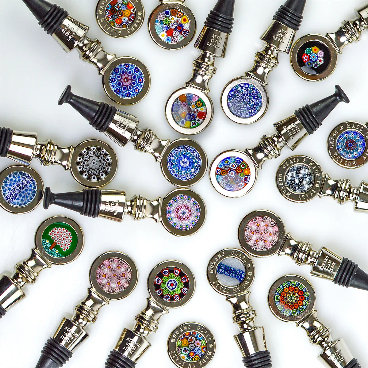 Italian-made Millefiori metal wine stopper from My Italian Decor, decorative bottle stopper with colorful glass design.