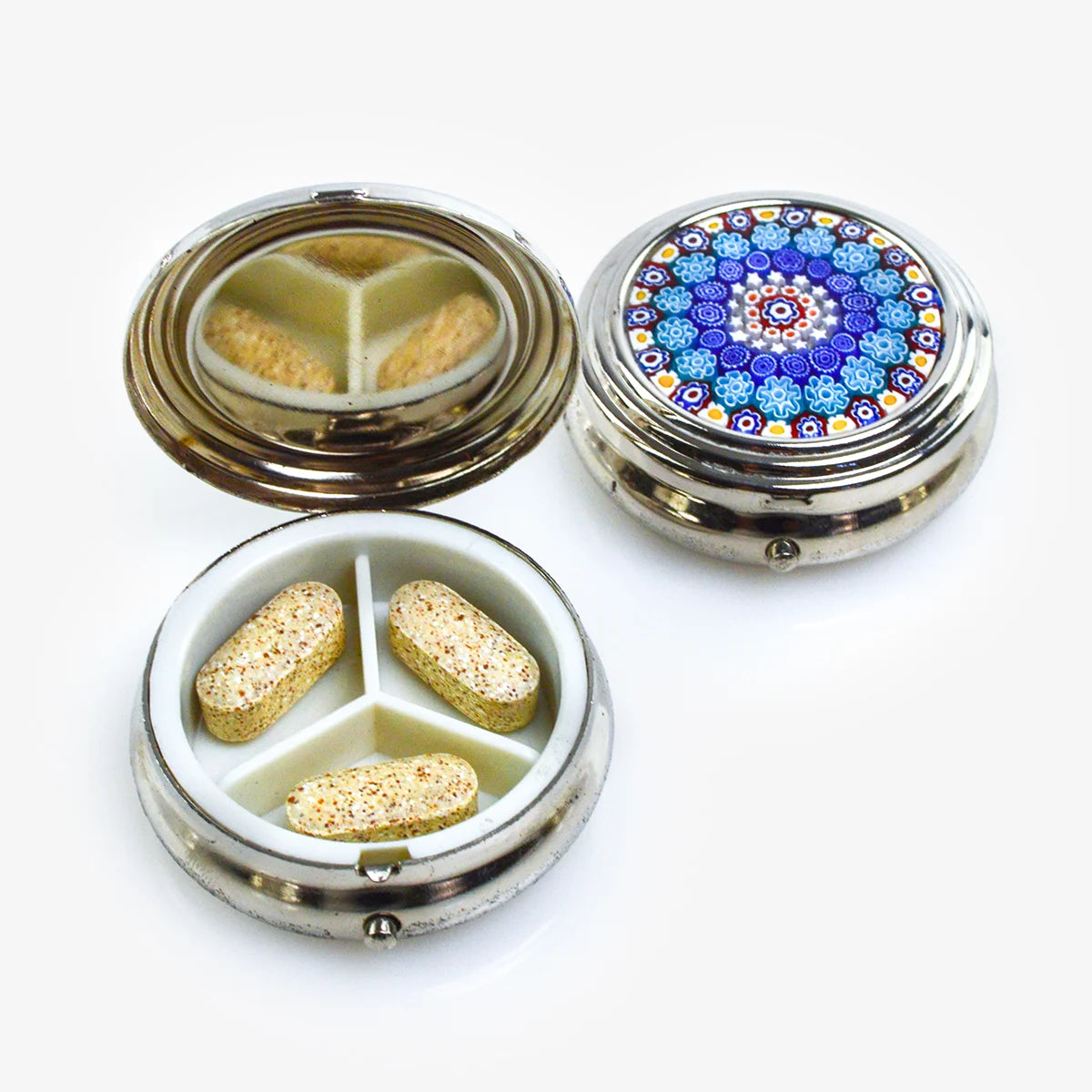 Colorful handmade Millefiori pillboxes from My Italian Decor, featuring intricate glass designs in various vibrant colors.