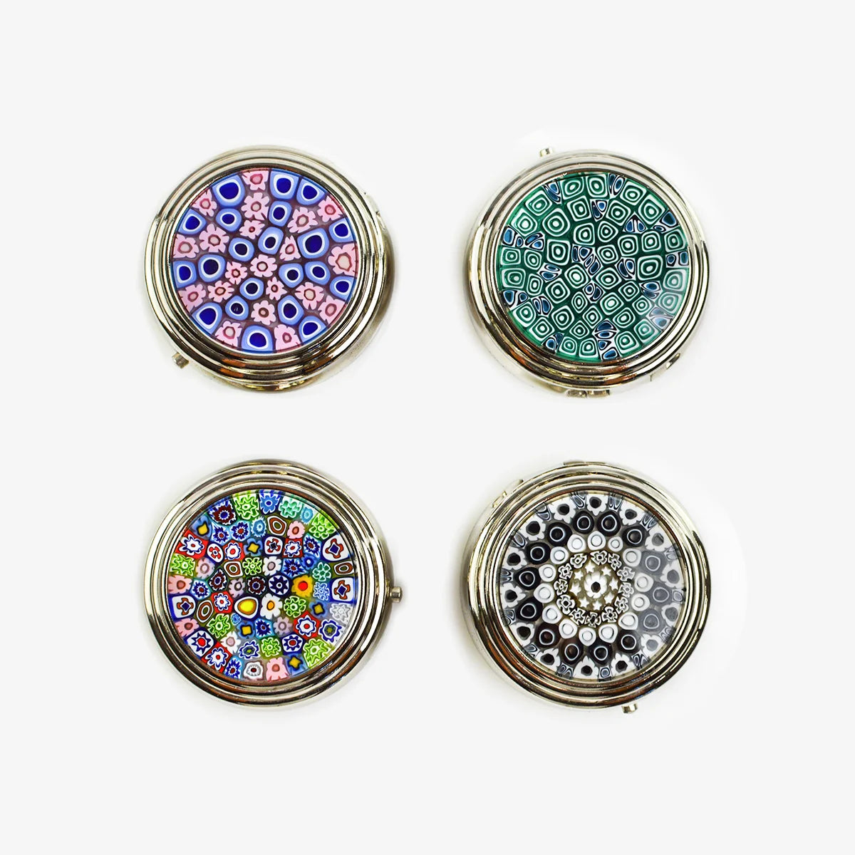Colorful Millefiori pillboxes by My Italian Decor, handmade in Italy, showcasing vibrant glass patterns and compact storage.