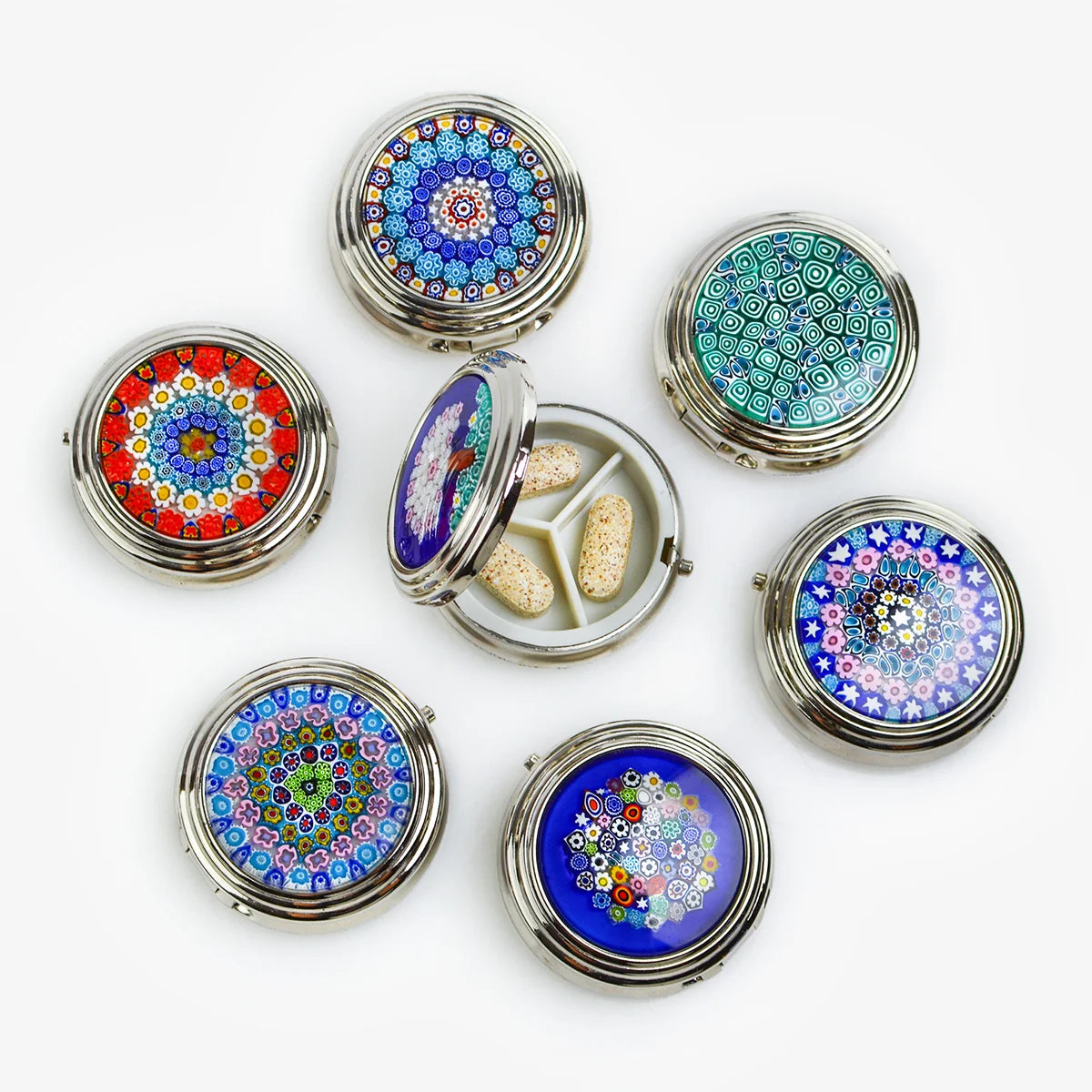 Colorful Millefiori handmade pillboxes by My Italian Decor, featuring intricate glass patterns and compact design for everyday use.