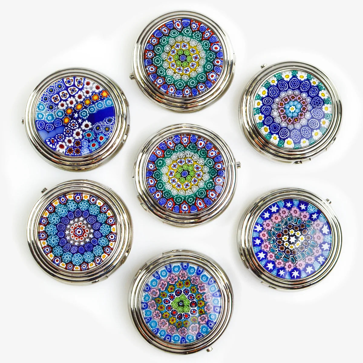 Colorful Millefiori handmade pillboxes by My Italian Decor, featuring intricate glass patterns and compact storage design.