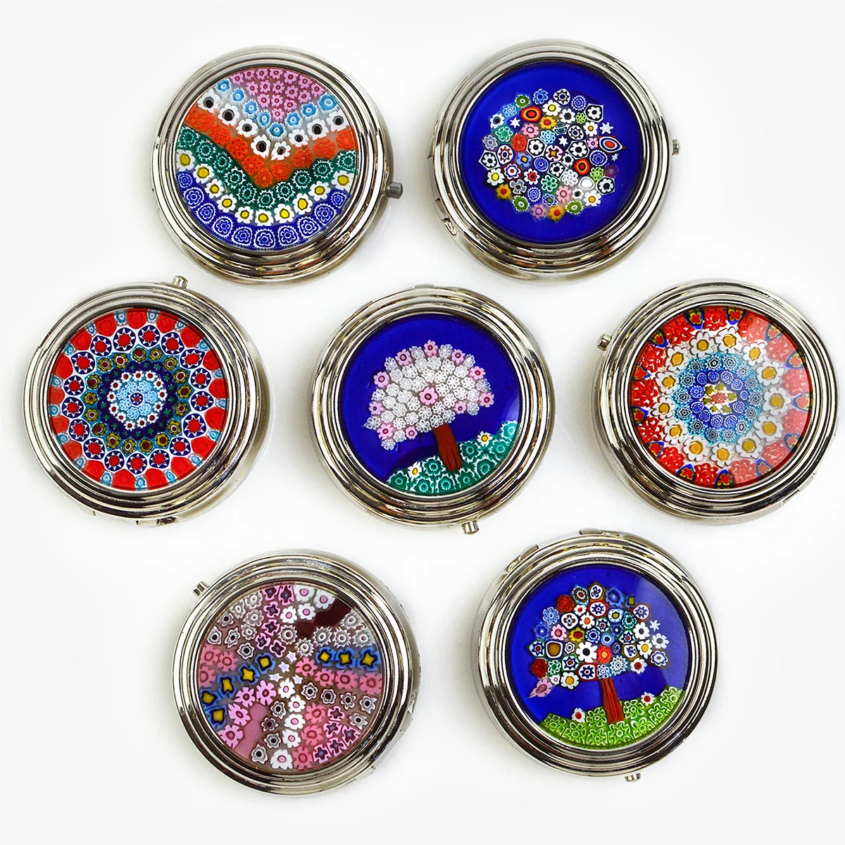 Colorful Millefiori pillboxes by My Italian Decor, handmade in Italy, featuring vibrant glass designs and compact storage.