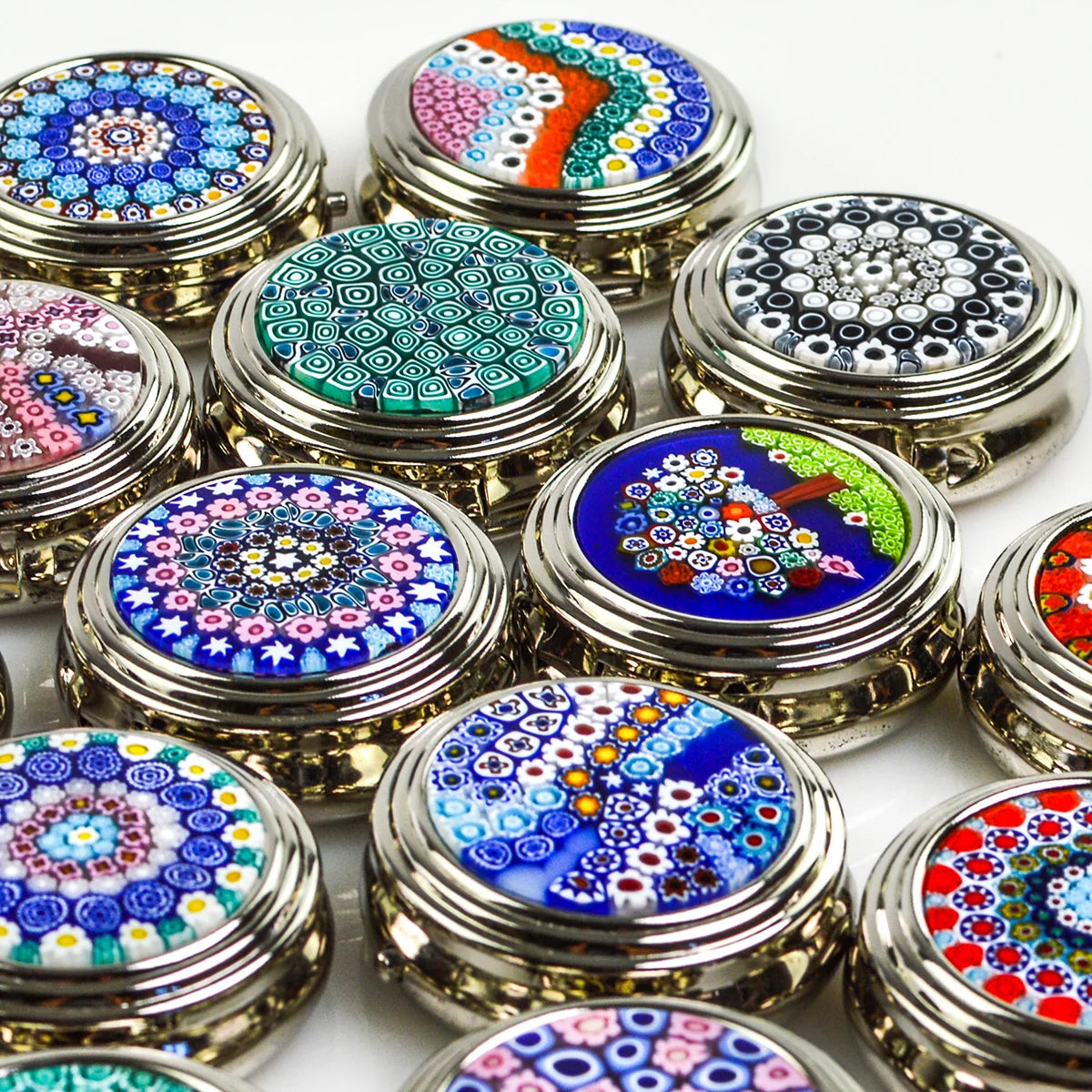 Handmade Millefiori pill boxes in various vibrant colors, crafted in Italy, by My Italian Decor.