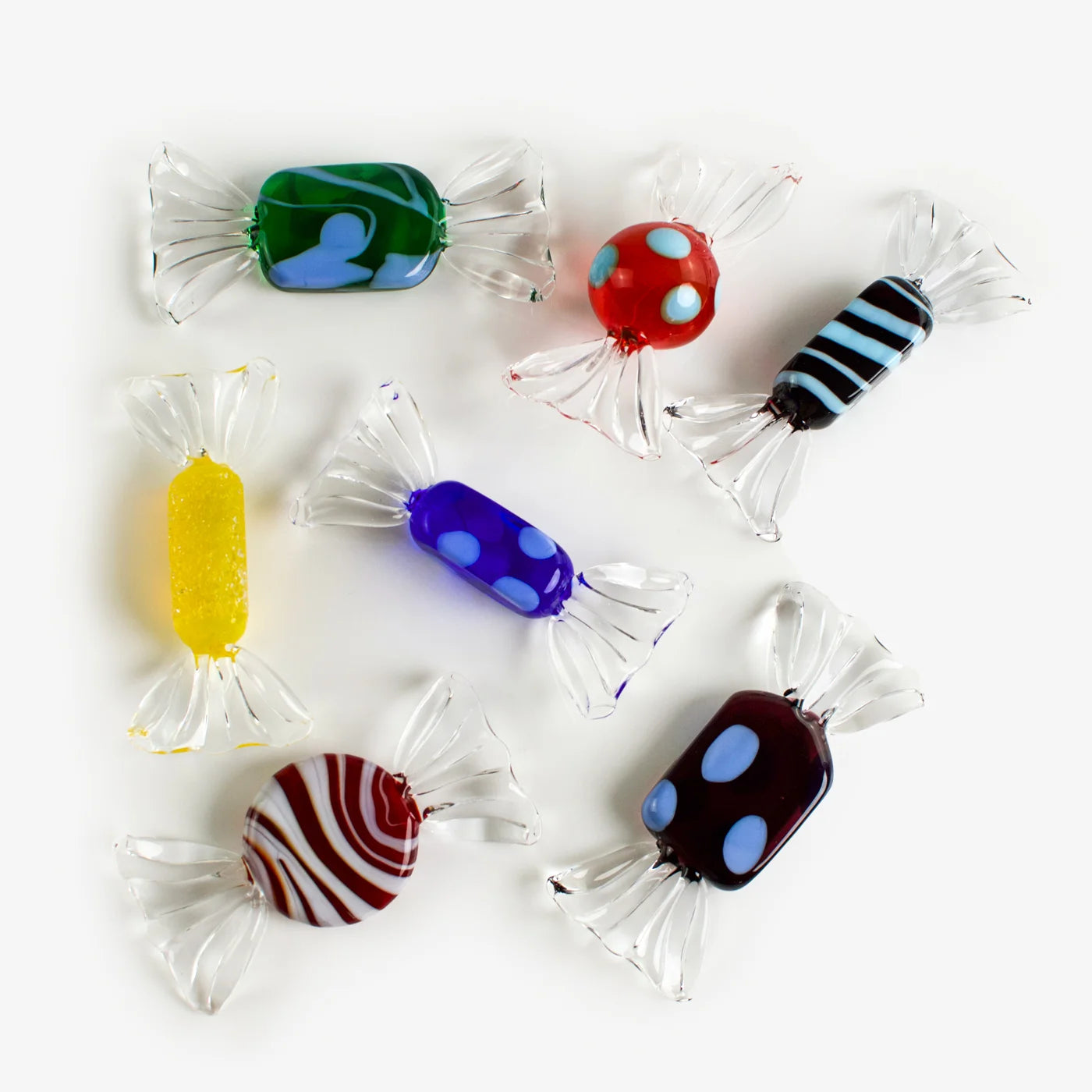 Set of colorful Murano glass candy replicas by MyItalianDecor, featuring classic artificial food candies in various colors.