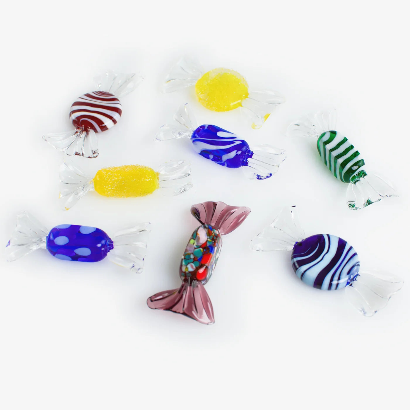 Set of colorful Murano Glass Candy replicas, artificial food decor by MyItalianDecor, featuring vibrant classic candies.