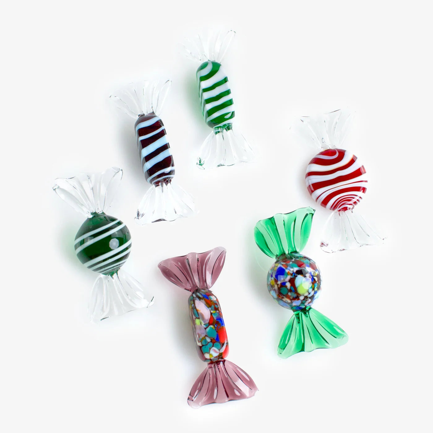 Set of colorful Murano glass candy decorations in various shapes and sizes, crafted by MyItalianDecor for artificial food displays.