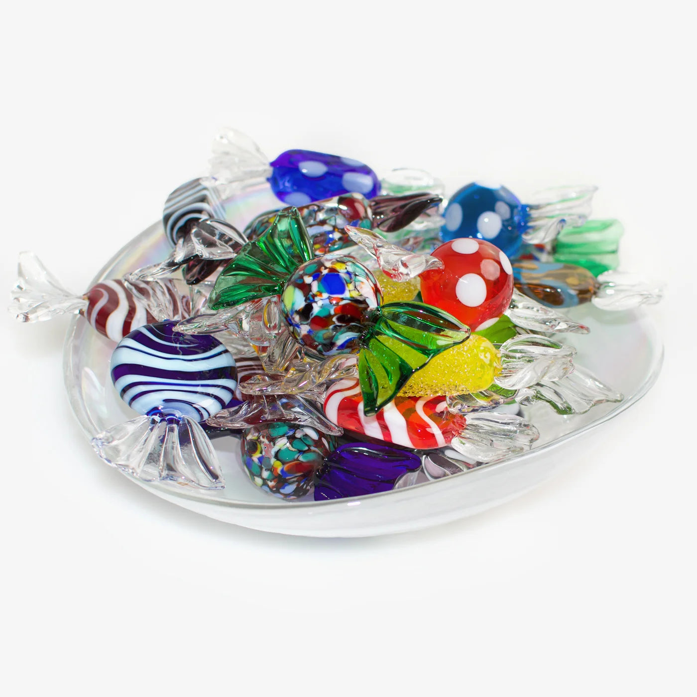 Set of colorful Murano glass candy replicas by MyItalianDecor, featuring vibrant artificial candies in various shapes and sizes.