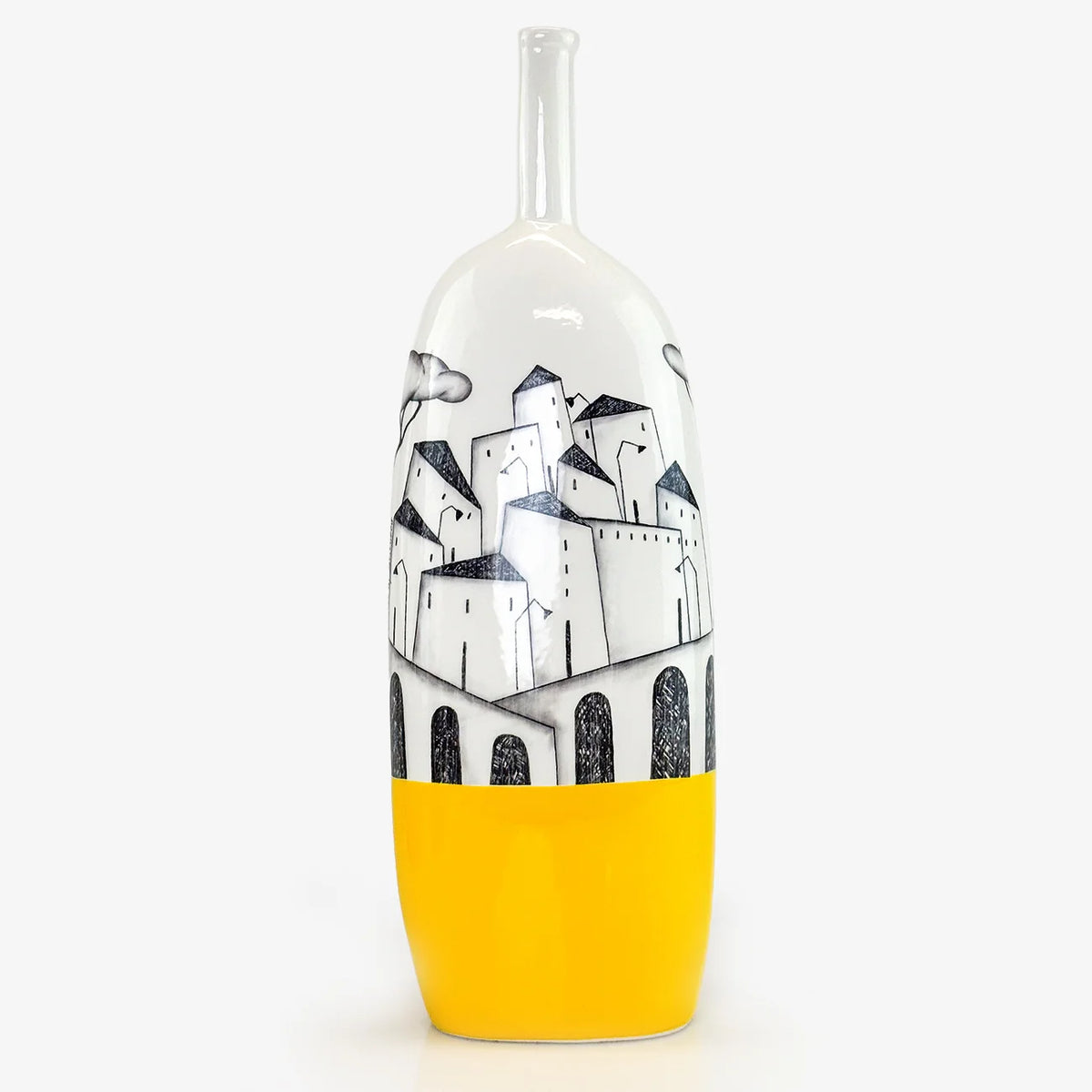 A ceramic bottle-shaped vase with a glossy white finish, featuring a hand-drawn black and white illustration of medieval towers and a solid yellow lower half, set against a plain white background.