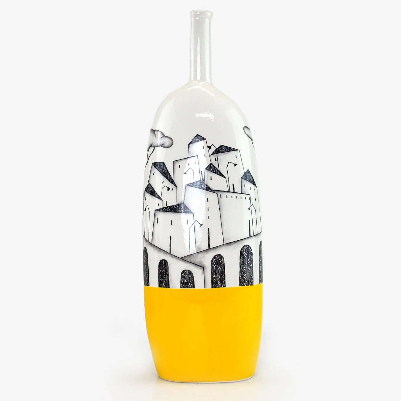 Three hand-painted ceramic bottle vases with colorful floral designs, made in Naples, ideal for home and garden decor.