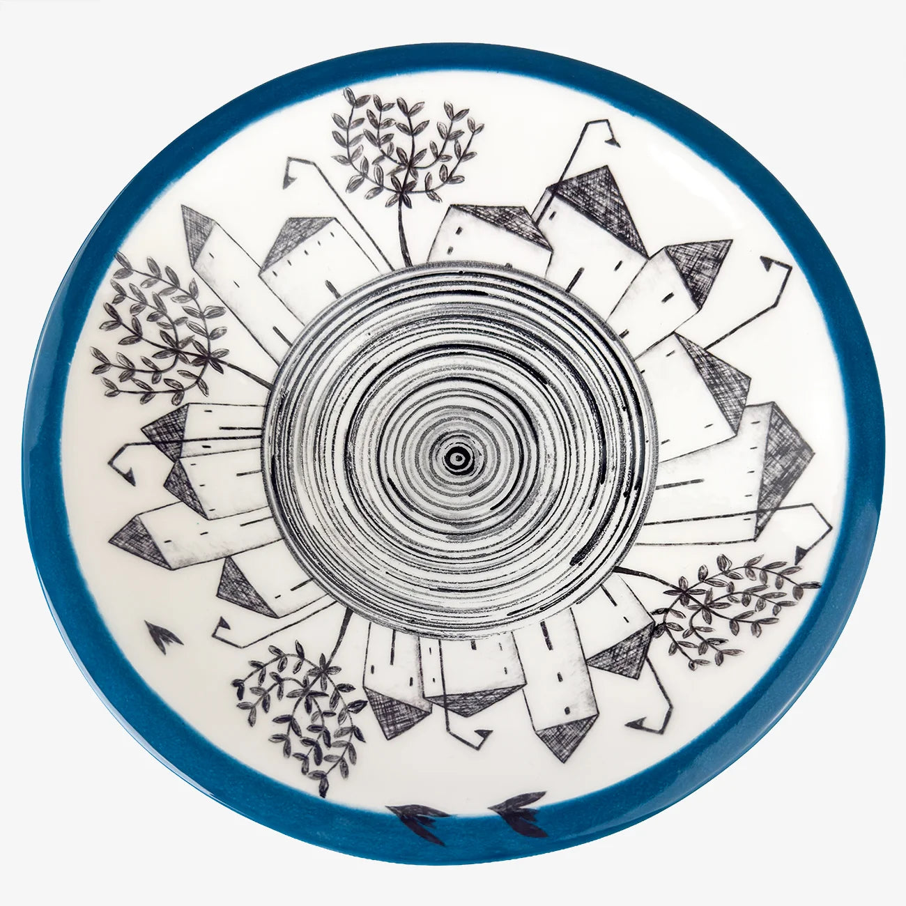 Hand-painted ceramic Italian village centerpiece bowls with blue and red rim decorative design for home and garden decor.