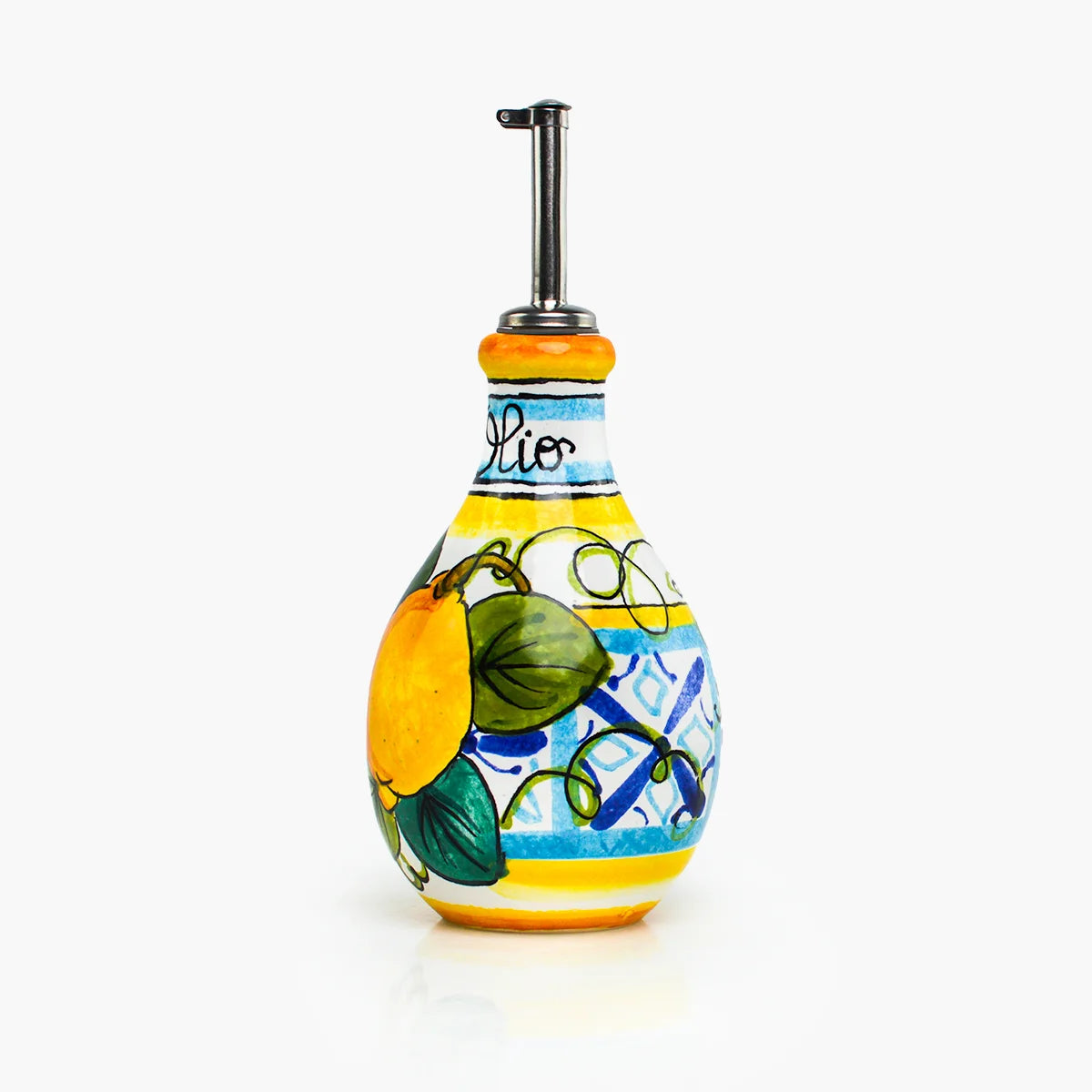 Ceramic olive oil bottle from Italy with a decorative design, ideal for kitchen or dining room display.