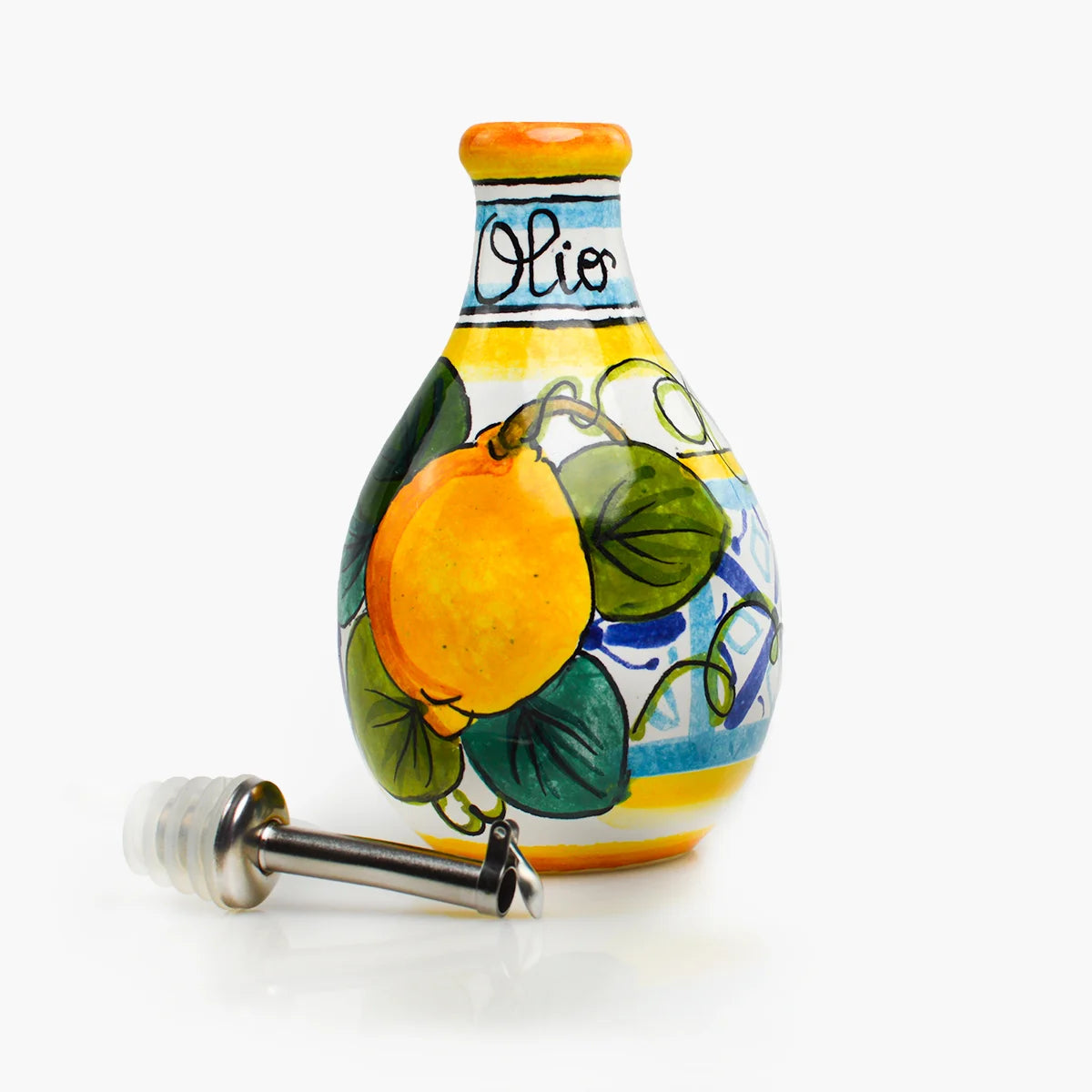 Elegant ceramic olive oil bottle from Italy by My Italian Decor, featuring a traditional design with a cork stopper.