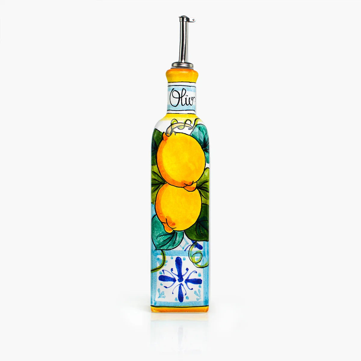 Ceramic olive oil bottle by My Italian Decor featuring a classic Italian design and a cork stopper, perfect for kitchen use.