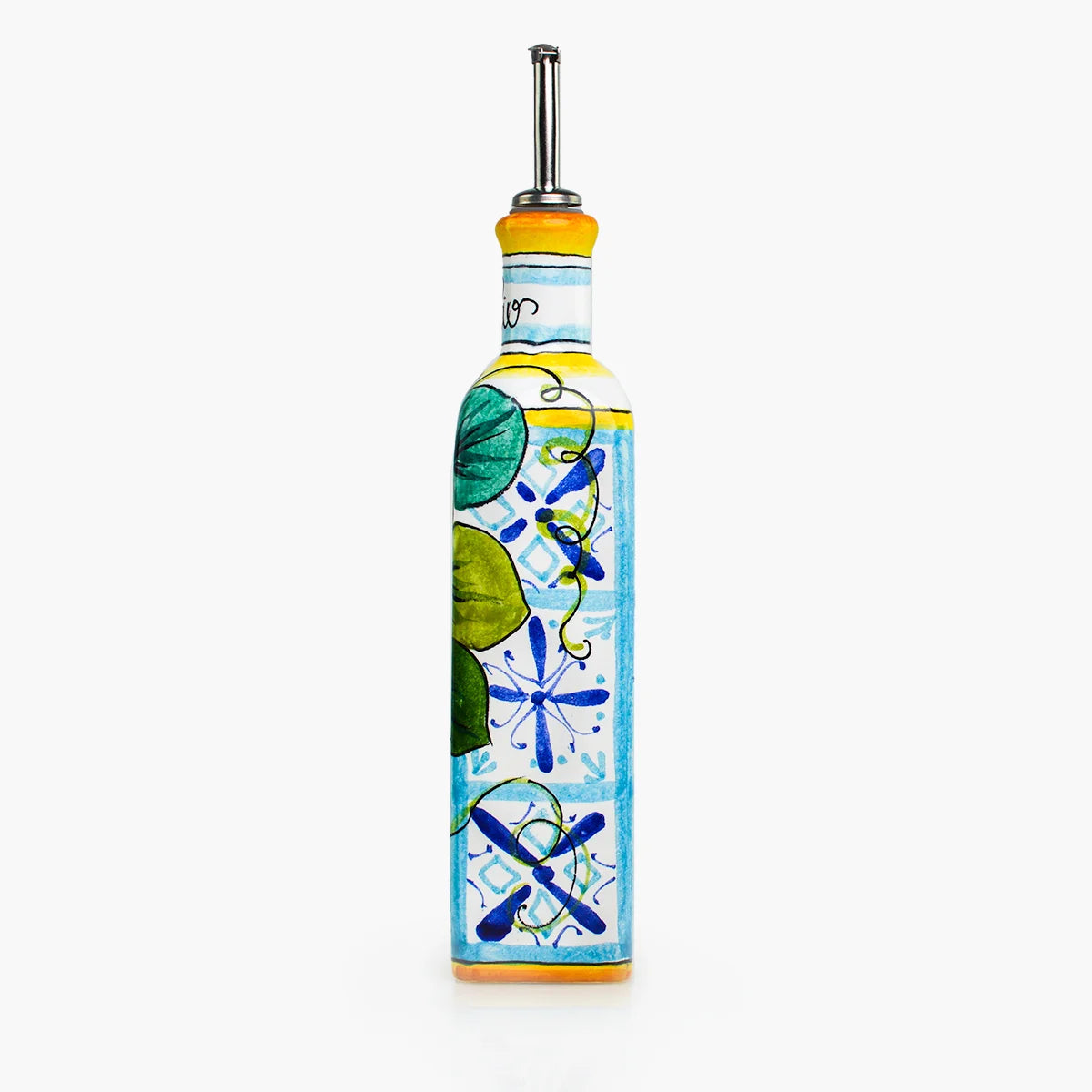 Ceramic olive oil bottle by My Italian Decor, featuring a traditional Italian design, with a glossy finish and a cork stopper.
