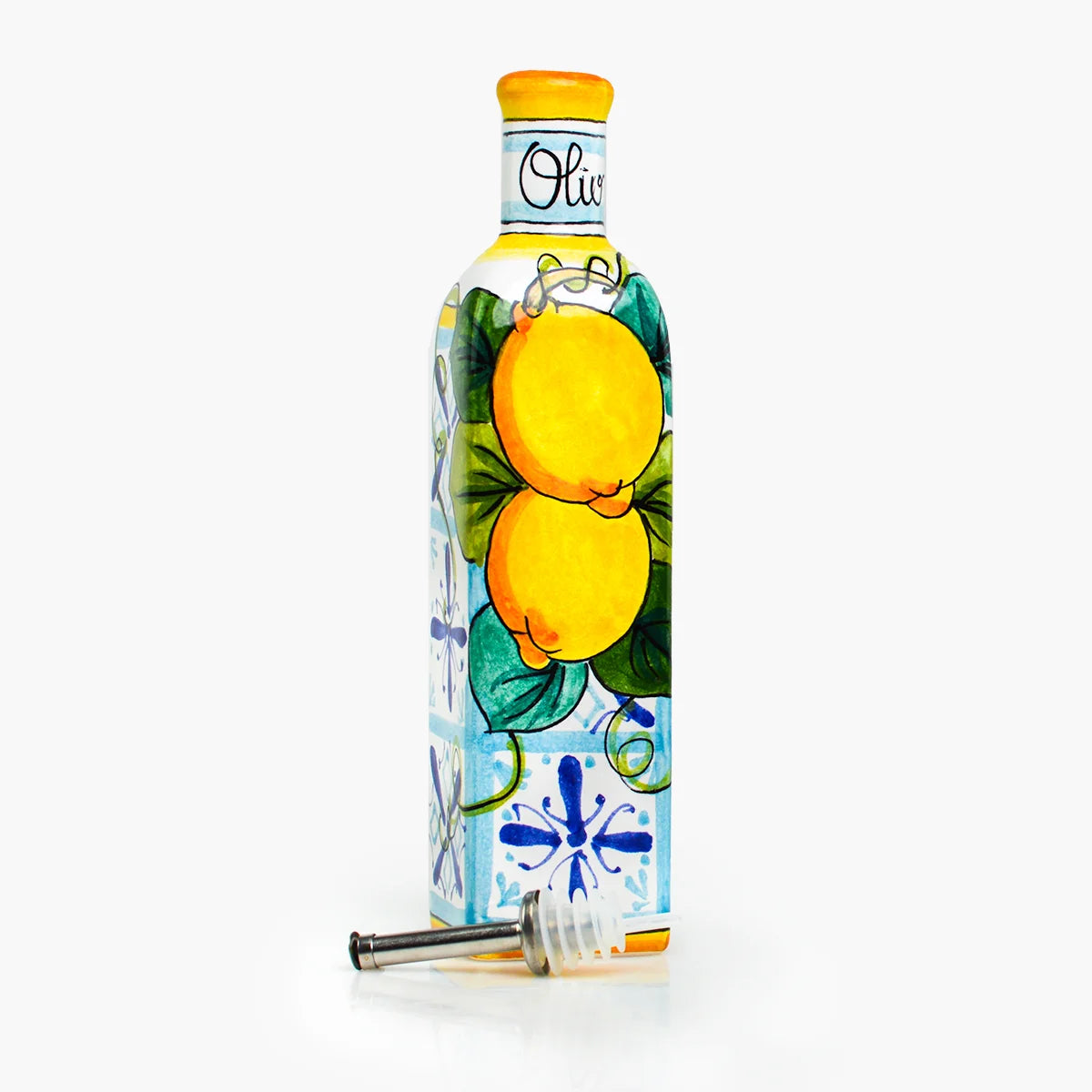Ceramic olive oil bottle with a traditional Italian design by My Italian Decor, featuring a classic shape and decorative details.