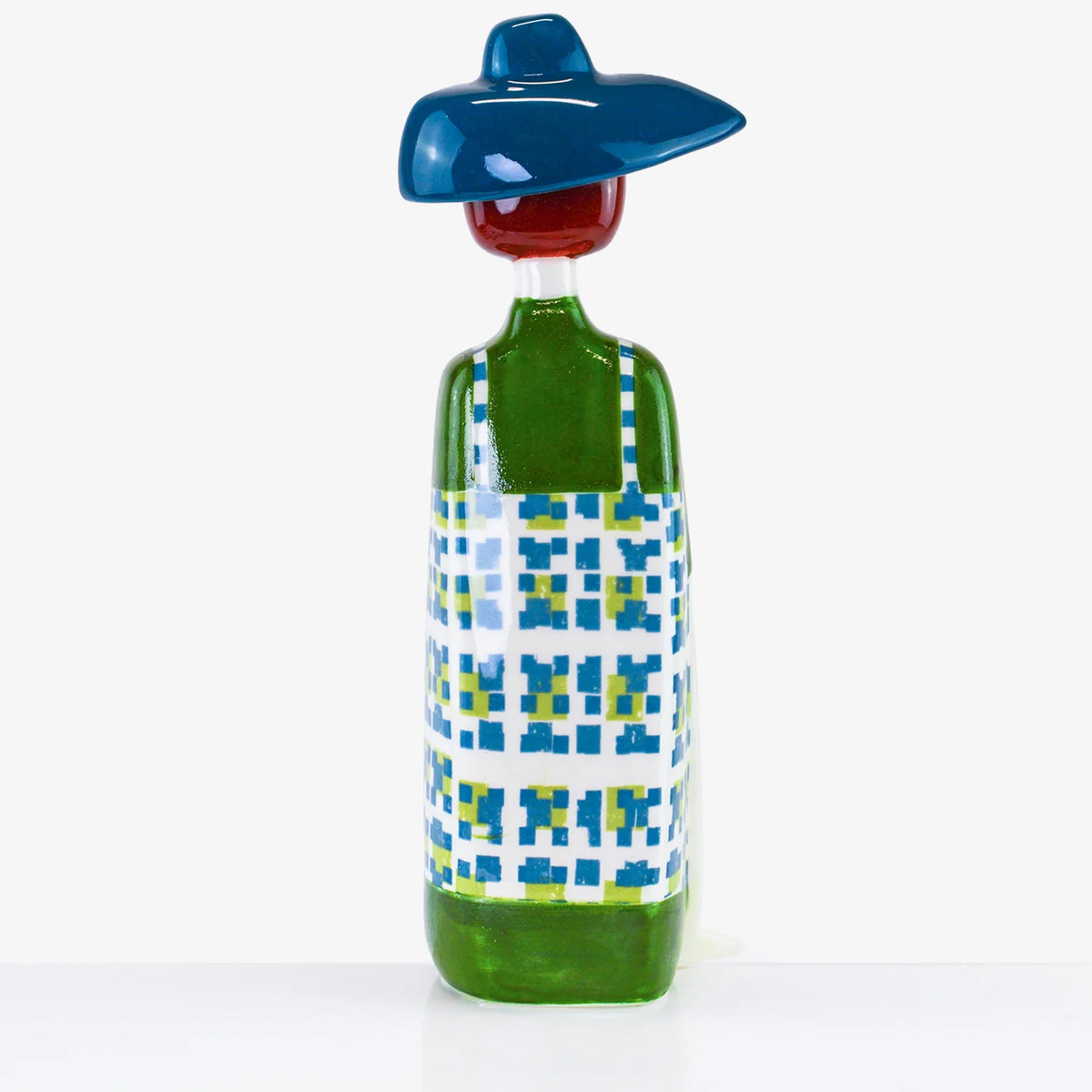 A decorative ceramic lady figurine with a blue hat-shaped lid, white patterned body, shown against a plain white background.